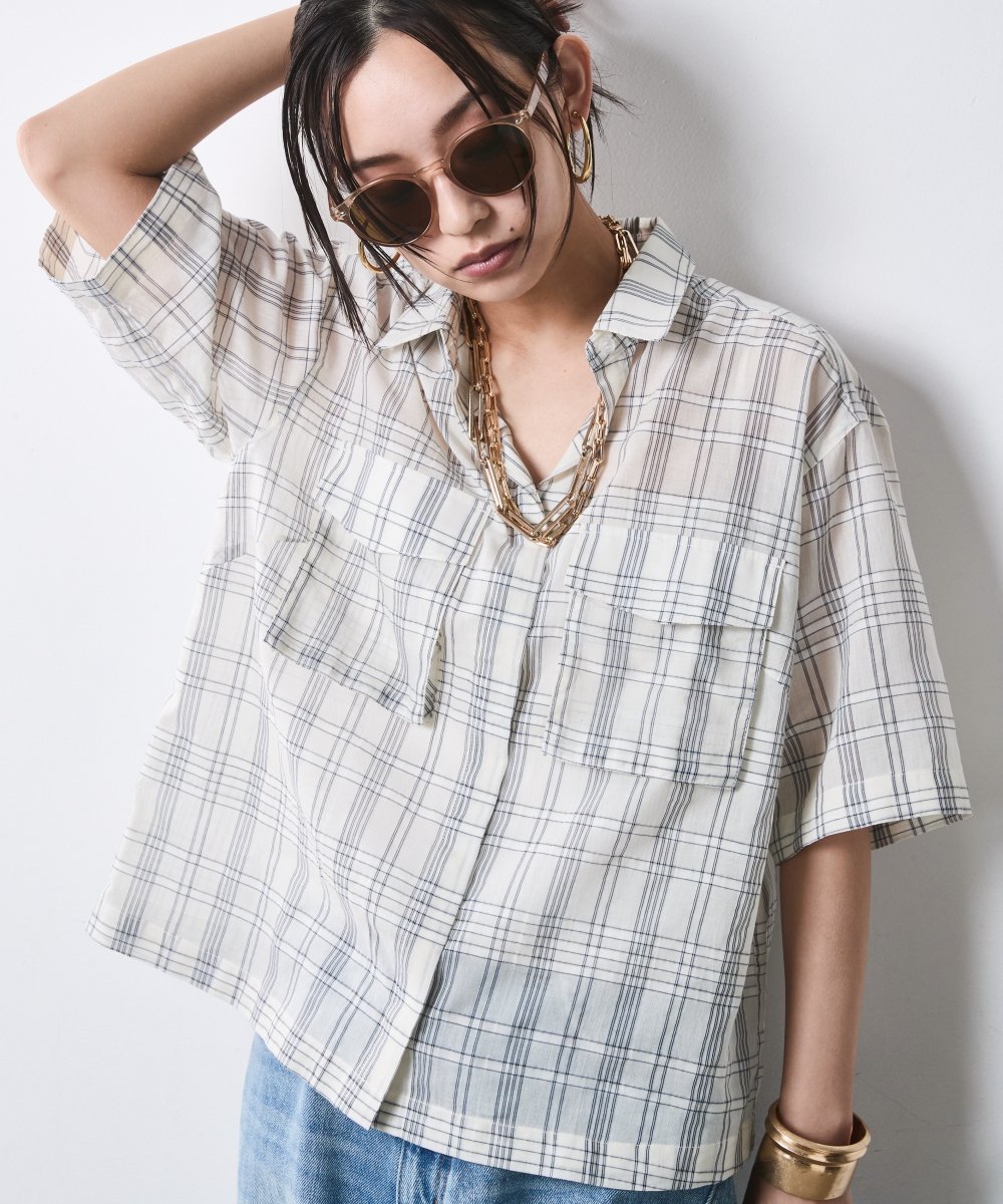 CHIC STYLE シアーチェックショート丈ブラウス＜大きいサイズ有＞シックスタイル シックスタイル トップス シャツ・ブラウス ブラウン ホワイト【送料無料】