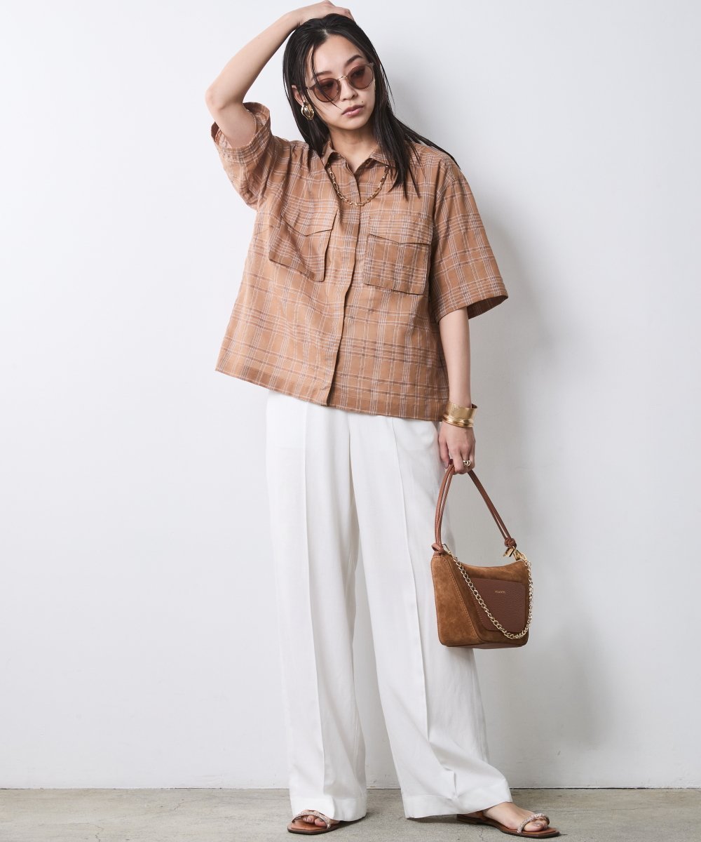 CHIC STYLE シアーチェックショート丈ブラウス＜大きいサイズ有＞シックスタイル シックスタイル トップス シャツ・ブラウス ブラウン ホワイト【送料無料】