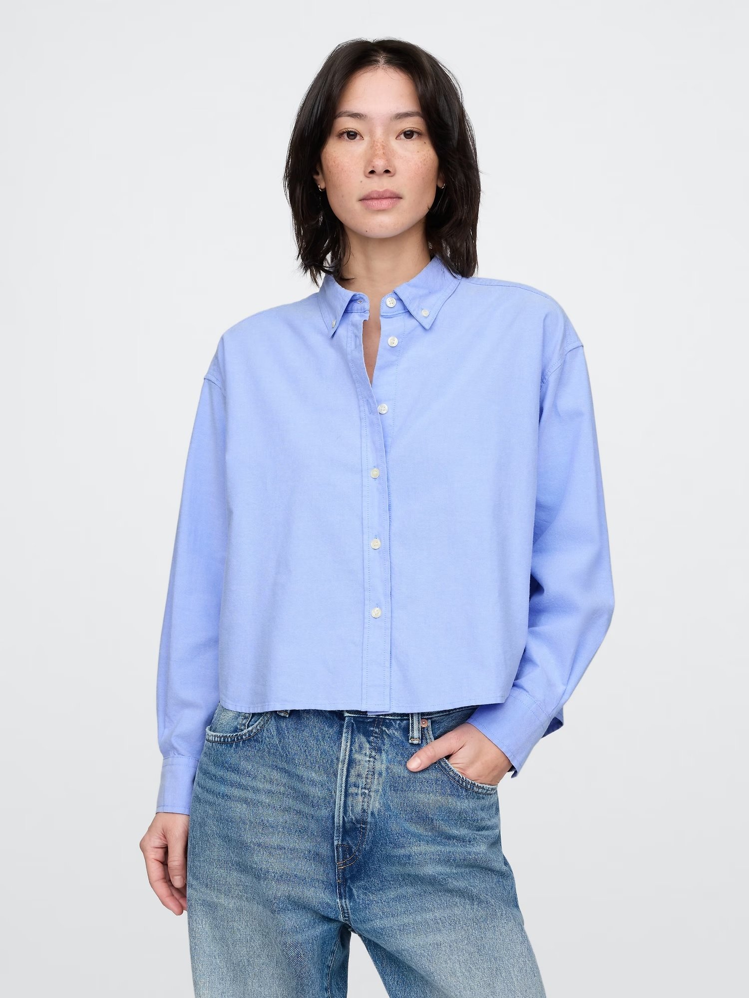 【SALE／66%OFF】GAP (W)オーガニックコットン ポプリン クロップド ビッグシャツ ギャップ トップス シャツ・ブラウス ブルー ホワイト