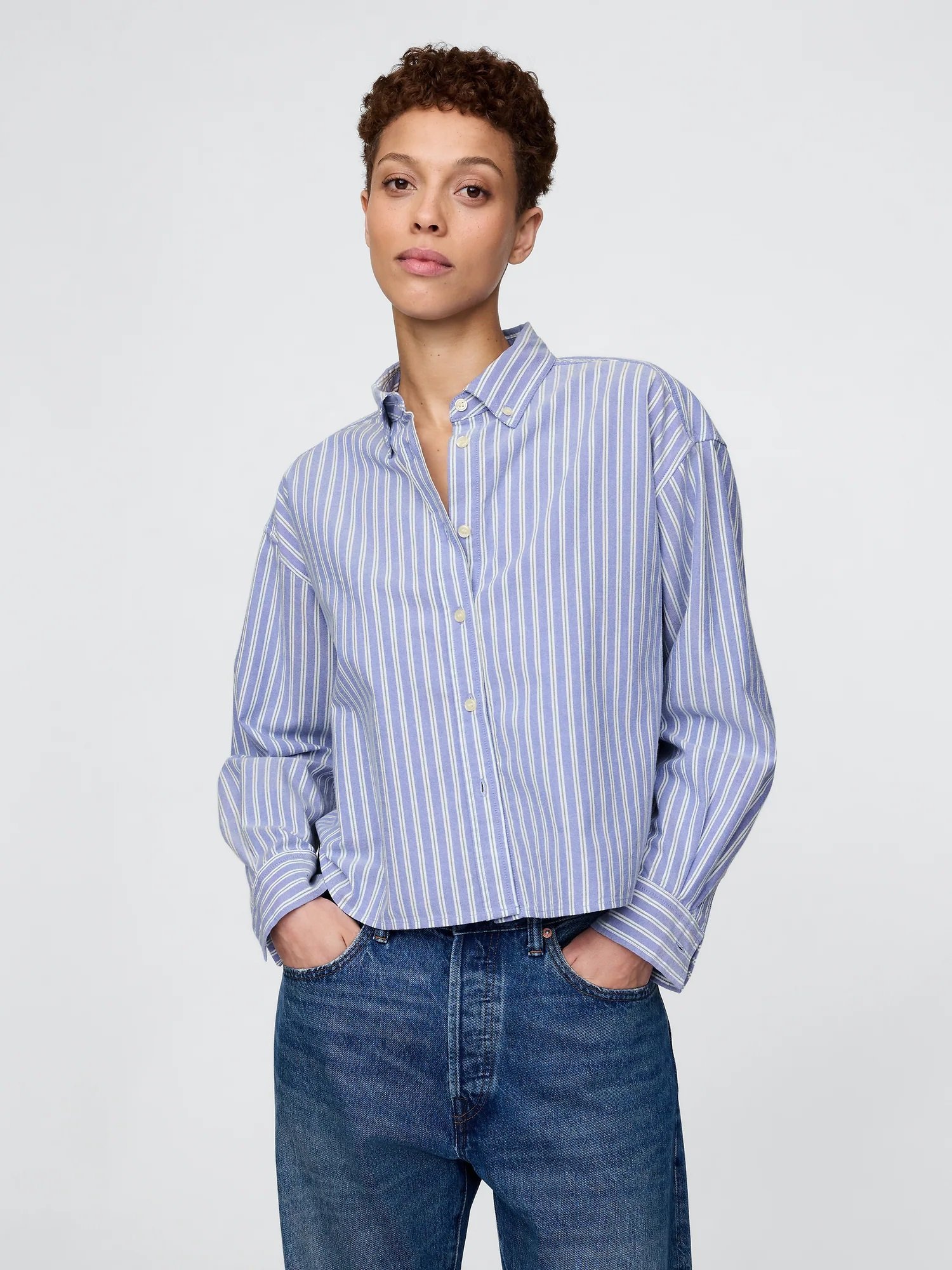 【SALE／66%OFF】GAP (W)オーガニックコットン ポプリン クロップド ビッグシャツ ギャップ トップス シャツ・ブラウス ブルー ホワイト