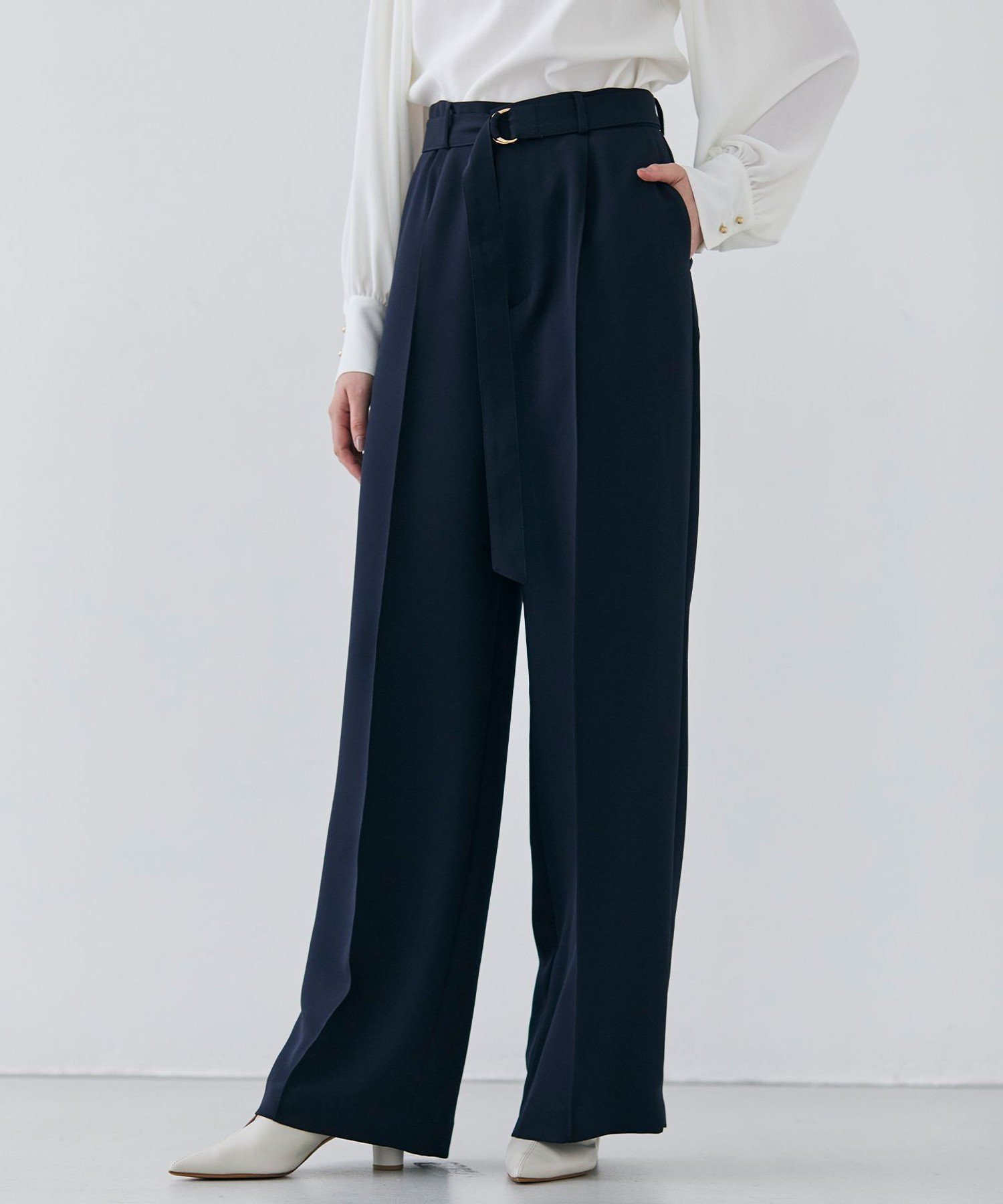 , 【洗える・Precious 4月号掲載】JASMINE / ベルト付きワイドストレートパンツ ベイジ, パンツ その他のパンツ カーキグリーン ネイビー