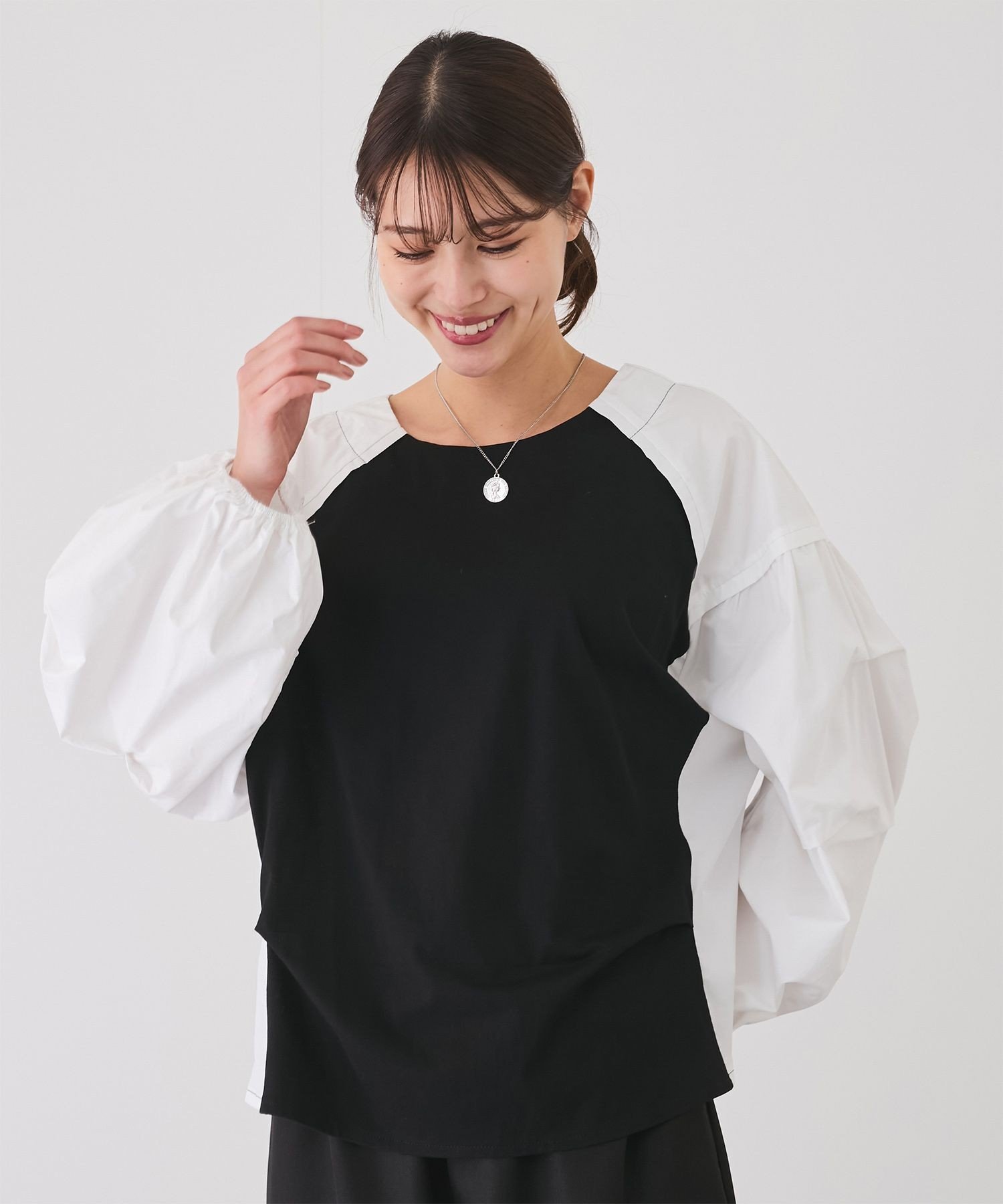 JAYRO 袖ボリュームブラウス切替プルオーバー ジャイロ トップス カットソー・Tシャツ ホワイト ブラック