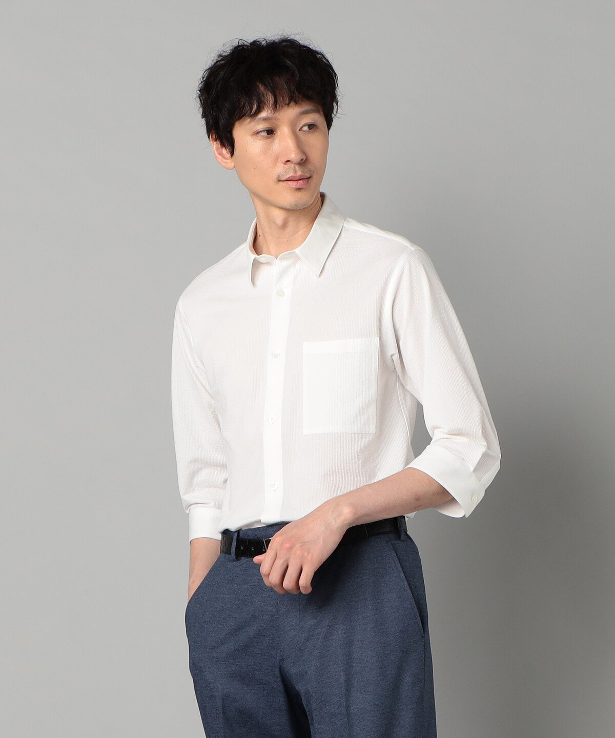 【抗菌・防臭】TIOTIO加工 シアサッカージャージー 七分袖シャツ コムサメン トップス シャツ・ブラウス ネイビー ホワイト