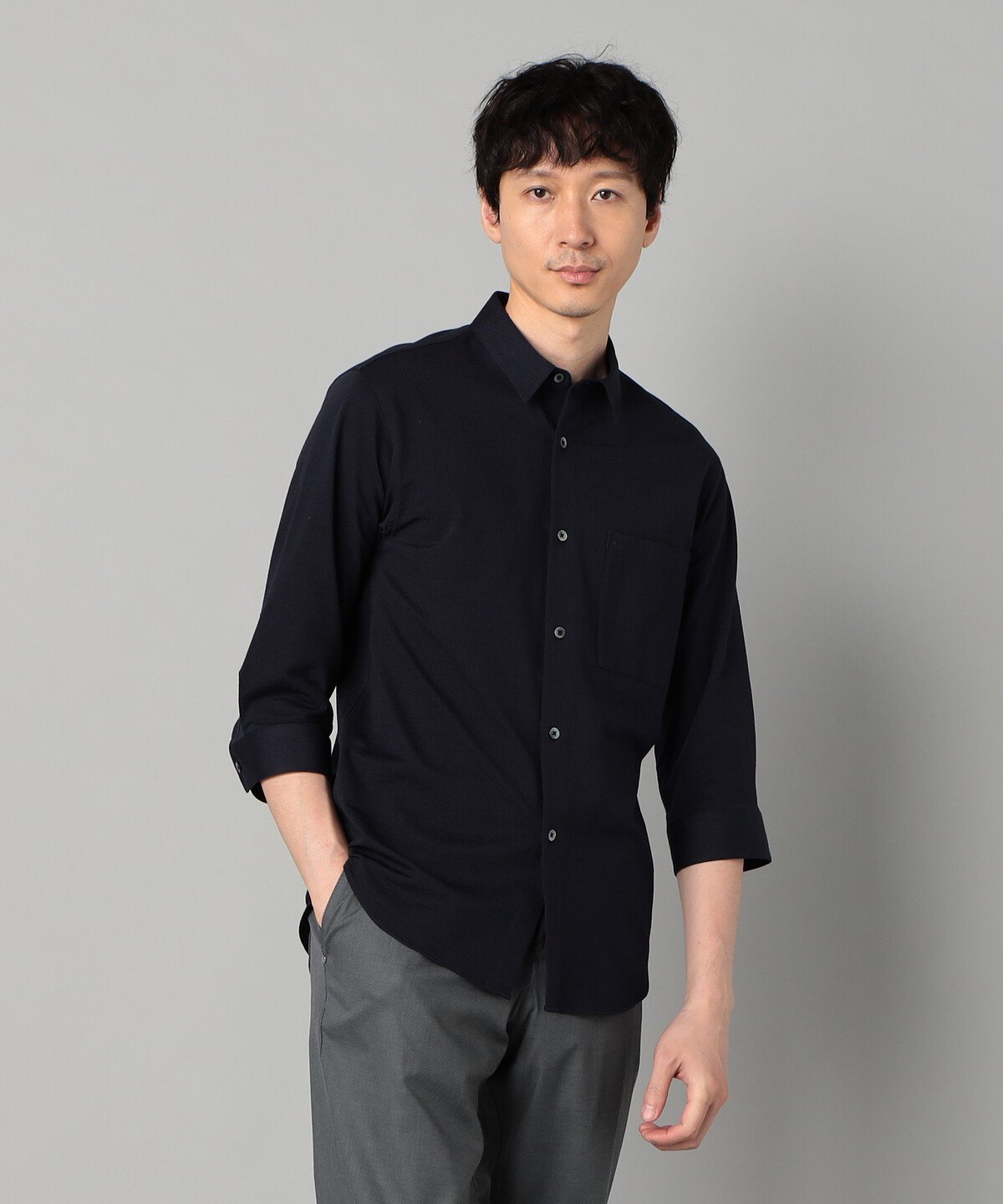 【SALE／40%OFF】COMME CA MEN TIOTIO加工 シアサッカージャージー 七分袖シャツ コムサメン トップス シャツ・ブラウス ネイビー ホワイト【送料無料】