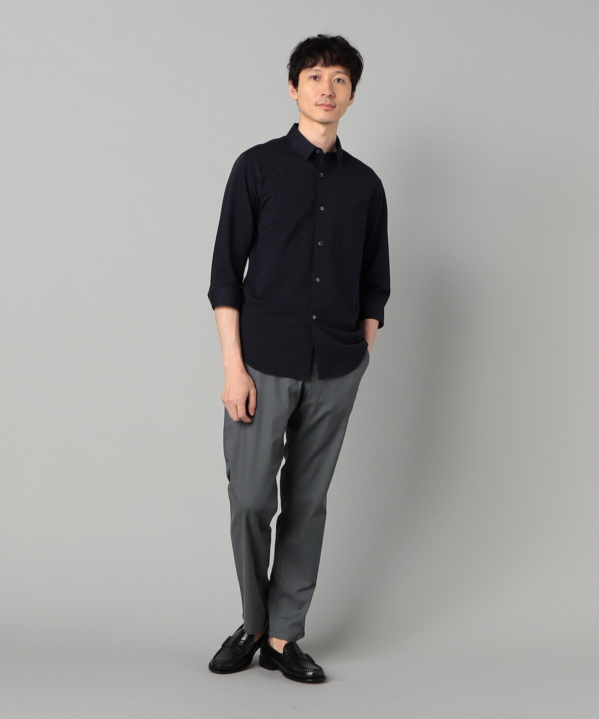 【抗菌・防臭】TIOTIO加工 シアサッカージャージー 七分袖シャツ コムサメン トップス シャツ・ブラウス ネイビー ホワイト