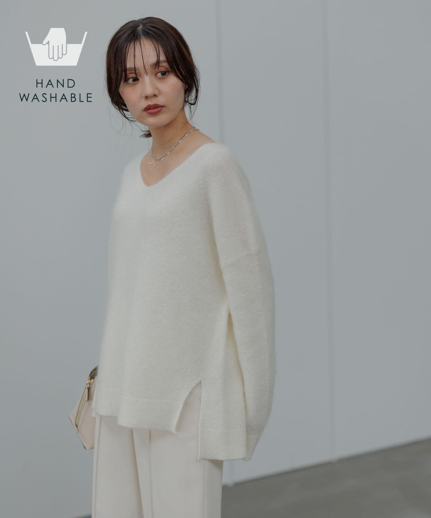 【手洗い可能】モヘアウールVプルオーバー アンデミュウ トップス ニット グレー ホワイト ピンク