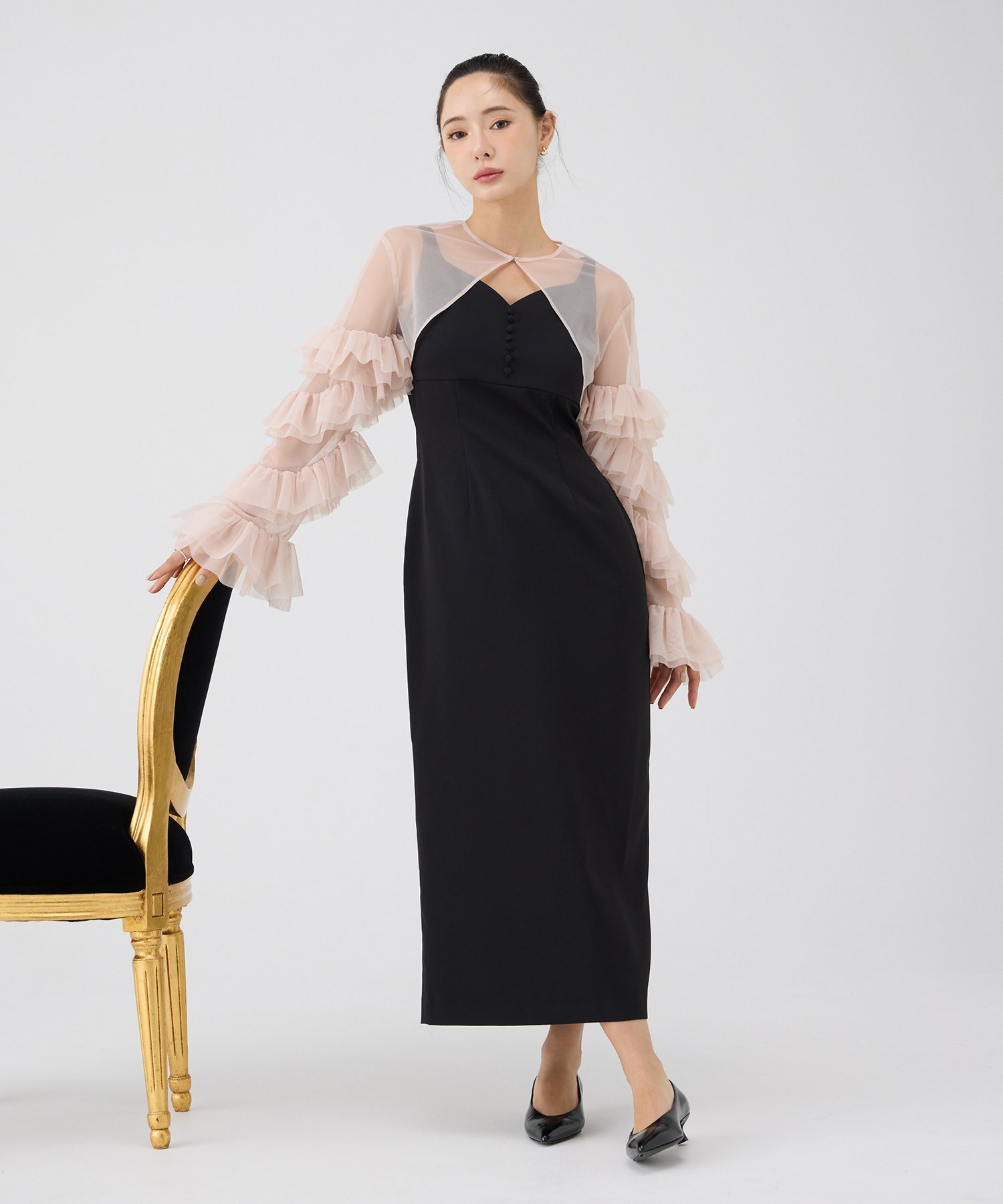 【SALE／40%OFF】eimy istoire ラッフルスリーブチュールボレロSETキャミドレス エイミーイストワール ワンピース・ドレス ドレス ブルー ブラック【送料無料】