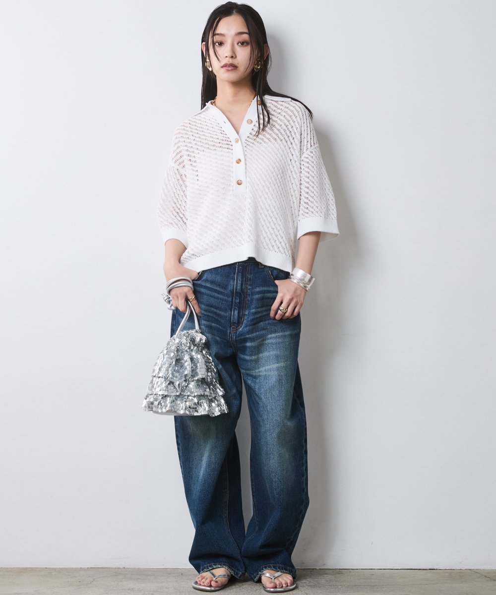 CHIC STYLE 綿麻透かし編ポロニット＜大きいサイズ有＞シックスタイル シックスタイル トップス ニット ホワイト【送料無料】