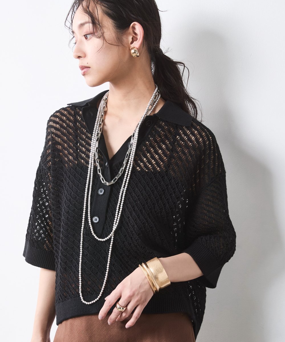 CHIC STYLE 綿麻透かし編ポロニット＜大きいサイズ有＞シックスタイル シックスタイル トップス ニット ホワイト【送料無料】