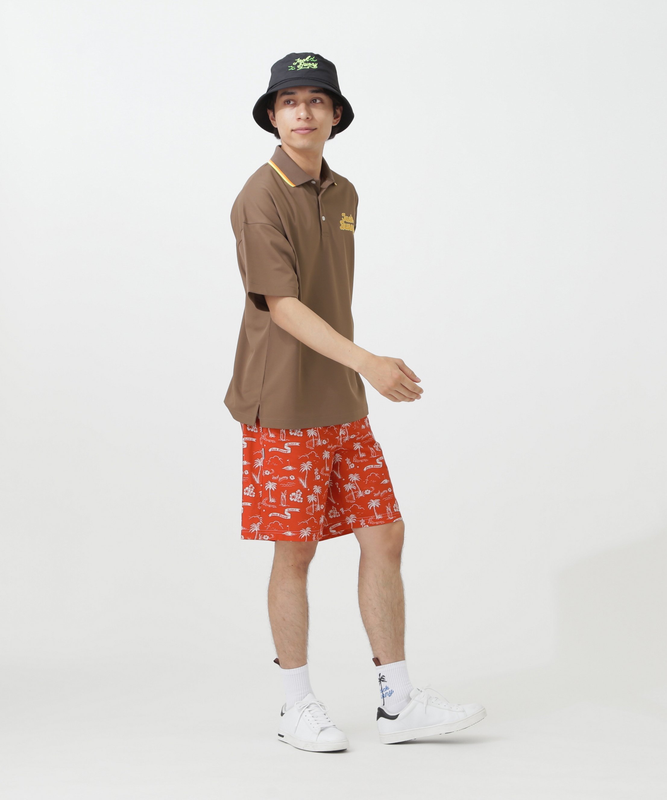Jack Bunny!! PEメッシュアロハ柄プリントショートパンツ ジャックバニー パンツ その他のパンツ オレンジ ブルー