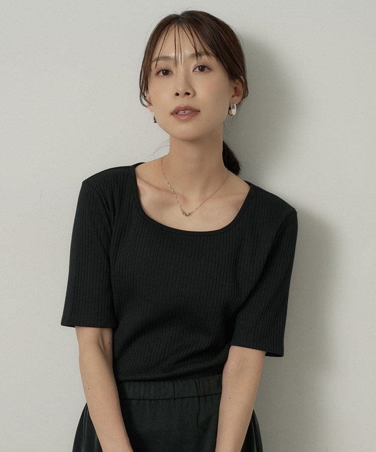 UNTITLED 【二の腕カバー】スクエアネックテレコプルオーバー アンタイトル トップス カットソー・Tシャツ ホワイト カーキグリーン ブラック