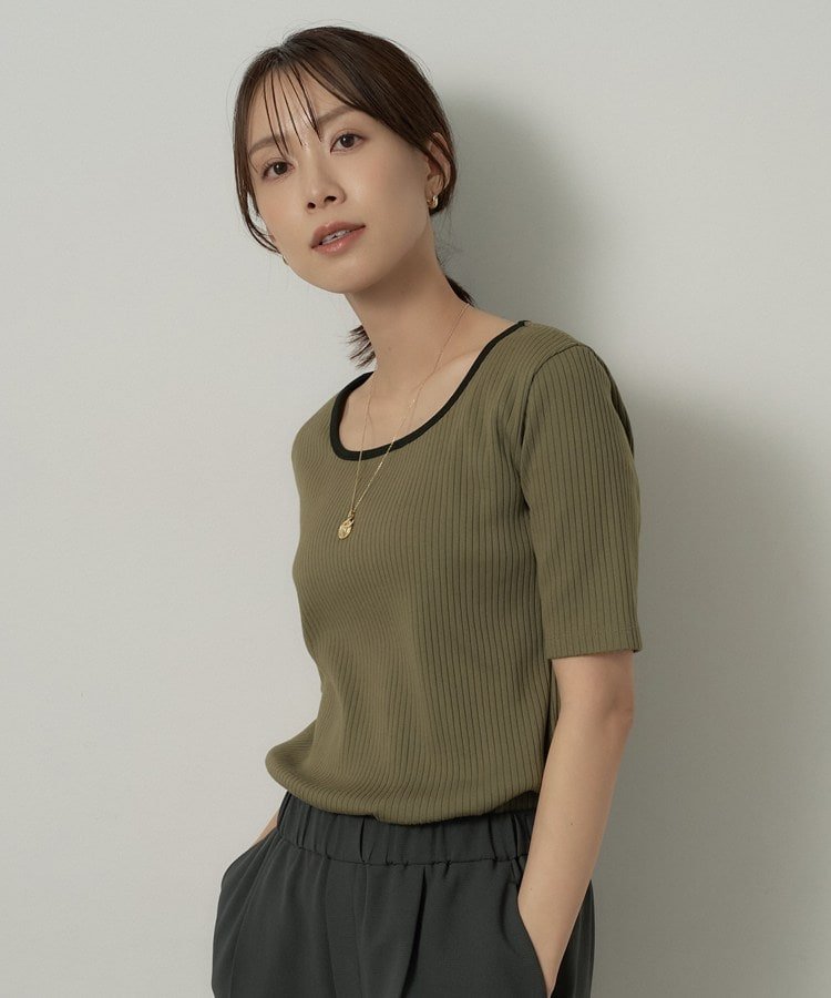 UNTITLED 【二の腕カバー】スクエアネックテレコプルオーバー アンタイトル トップス カットソー・Tシャツ ホワイト カーキグリーン ブラック