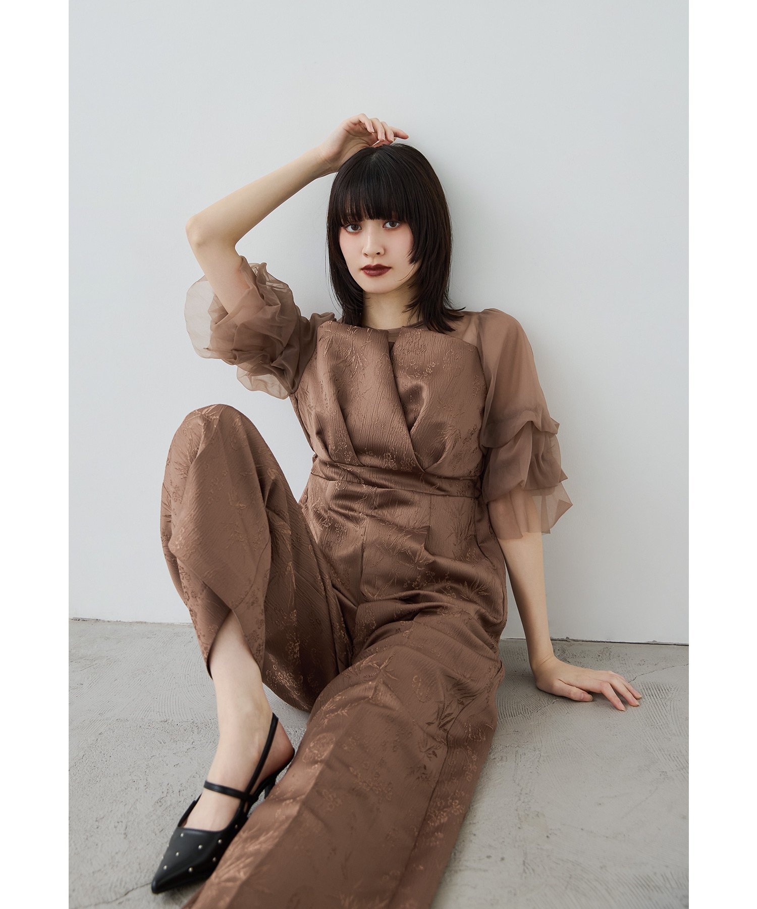 【SALE／15%OFF】niana ジャガードオールインワンドレス パンツドレス 結婚式 成人式 二次会 同窓会 入学式 ビーフラット ワンピース・ドレス ドレス ネイビー グレー ブラック ブラウン【送料無料】