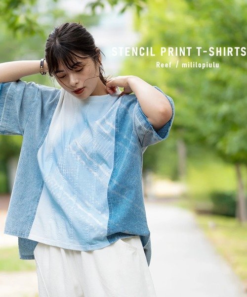 GSC WOMENS SELECT mililopiulu/ミリロピュール ステンシルプリントTシャツ (WOMENS) ゴースローキャラバン トップス カットソー・Tシャツ ブルー ブラウン
