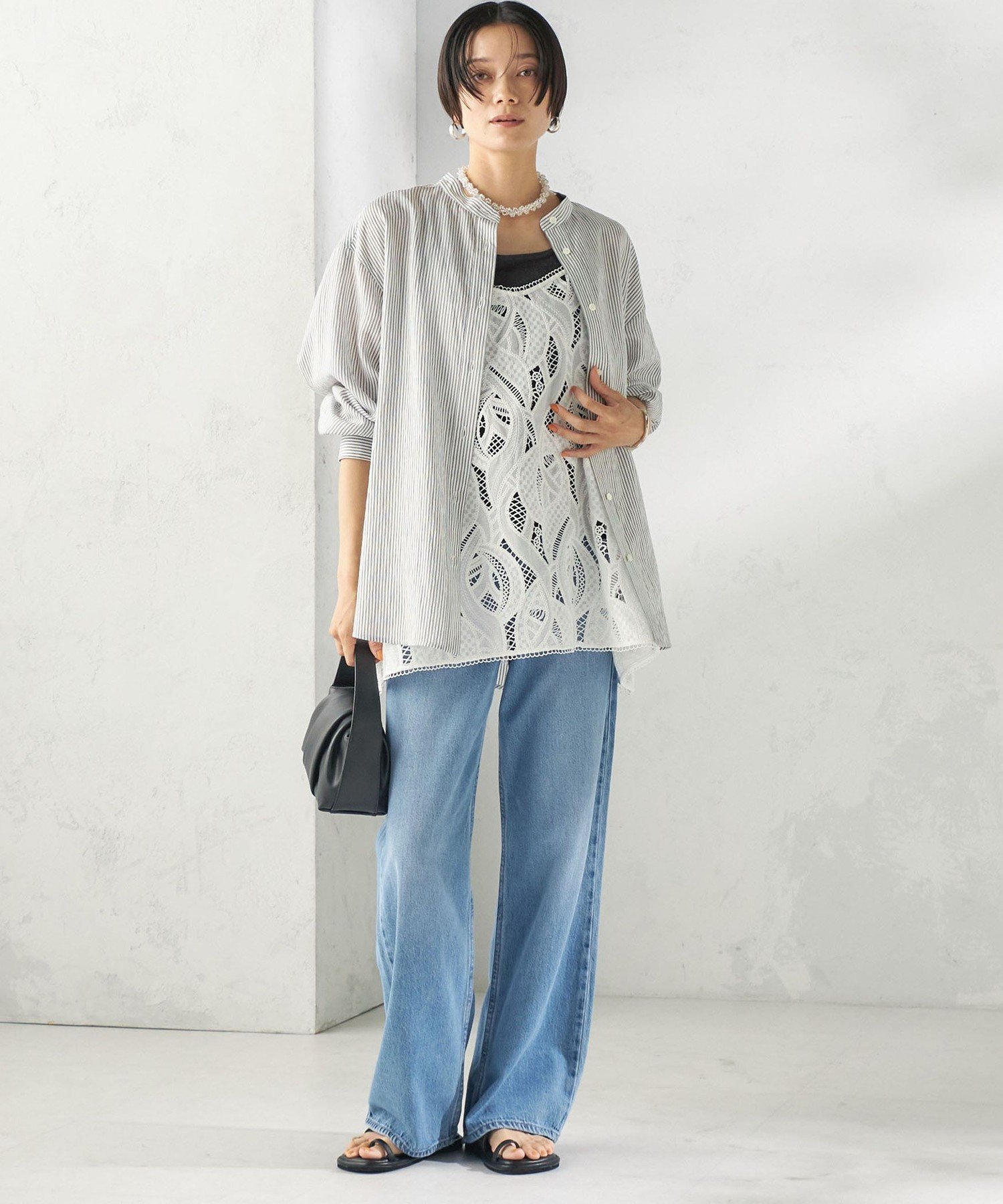 WOMEN ＜手洗い可能＞シアー ストライプ バンドカラー シャツ シップス トップス シャツ・ブラウス ネイビー