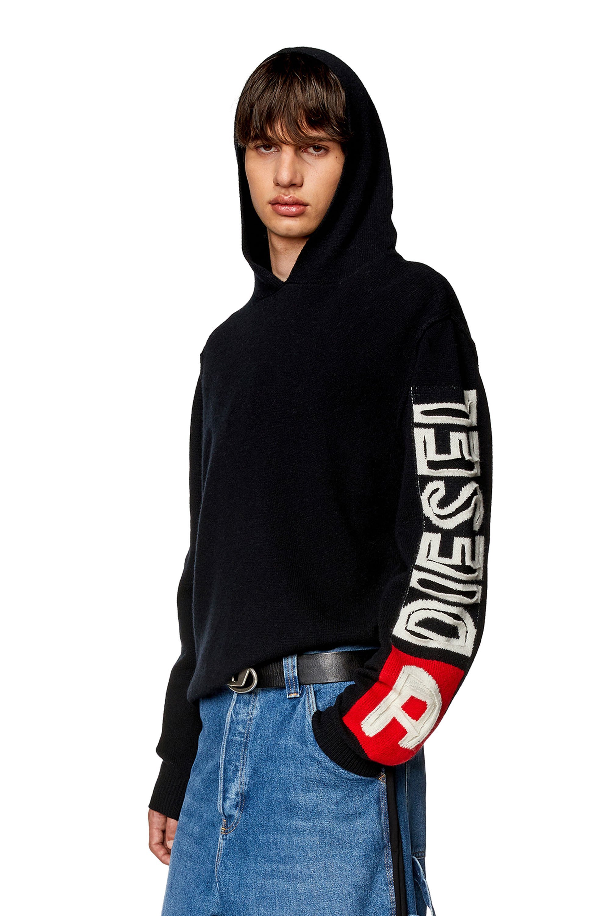 DIESEL メンズ フーディーニット ロゴ ディーゼル トップス ニット ブラック グレー