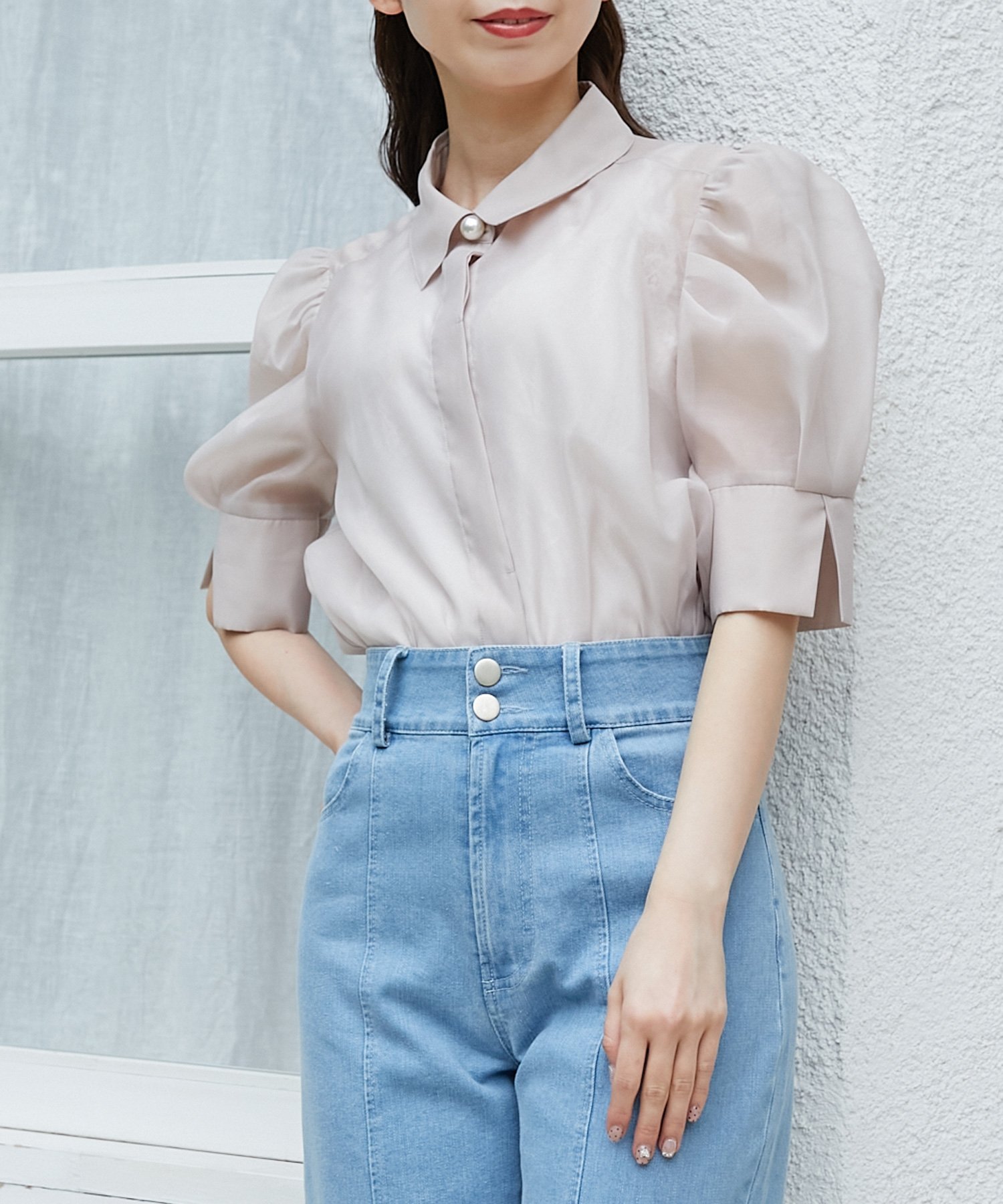 【SALE／30%OFF】MAJESTIC LEGON シアーパフ袖シャツブラウス マジェスティックレゴン トップス シャツ・ブラウス ピンク ホワイト グレー ブラックのサムネイル