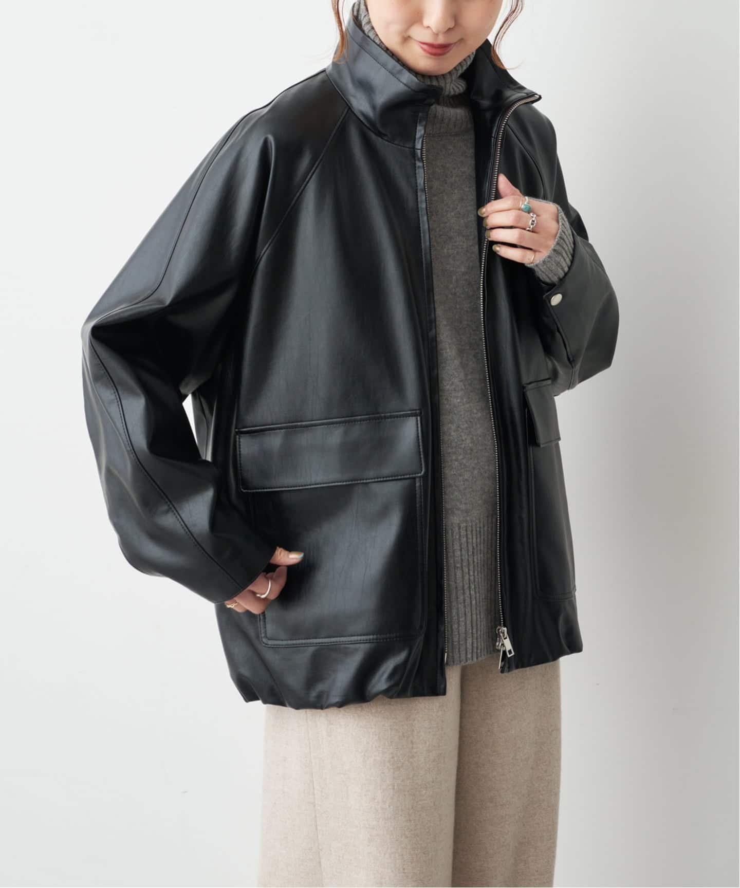 Spick & Span フェイクレザースタンドカラーブルゾン スピックアンドスパン ジャケット・アウター ライダースジャケット ブラック【送料無料】