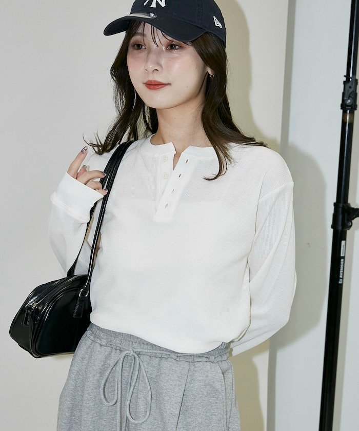 PUBLUX ライト ワッフル ヘンリーネック ロンT 限定展開 フリークスストア トップス カットソー・Tシャツ ホワイト グレー ネイビー【送料無料】