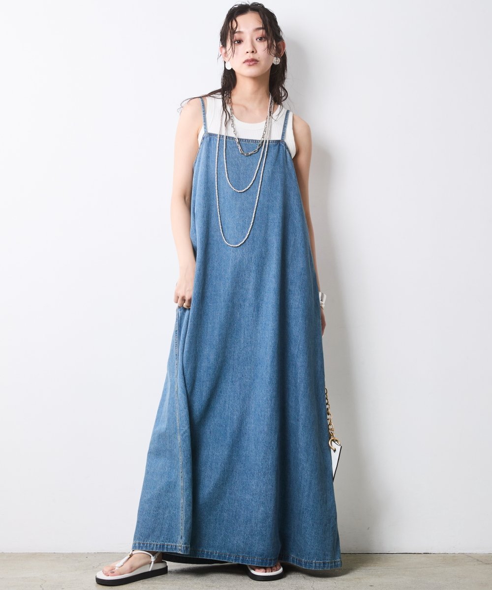 CHIC STYLE 綿100%ライトオンスデニムロングワンピース＜大きいサイズ有＞シックスタイル シックスタイル ワンピース・ドレス ワンピース ブルー【送料無料】