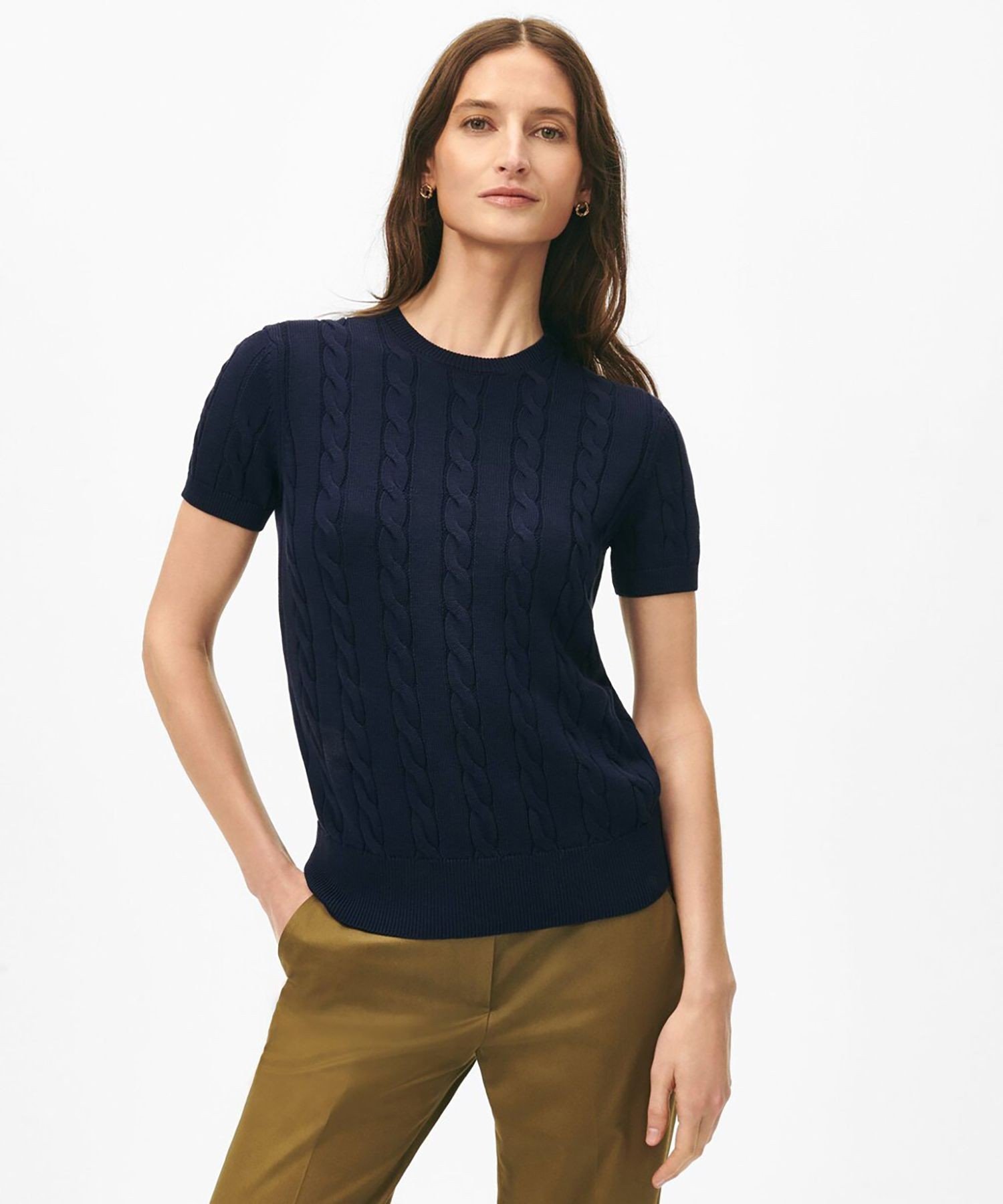 【SALE／35%OFF】BROOKS BROTHERS スーピマコットン ケーブル クルーネック ショートスリーブセーター ブルックス ブラザーズ トップス ニット ネイビー グレー【送料無料】