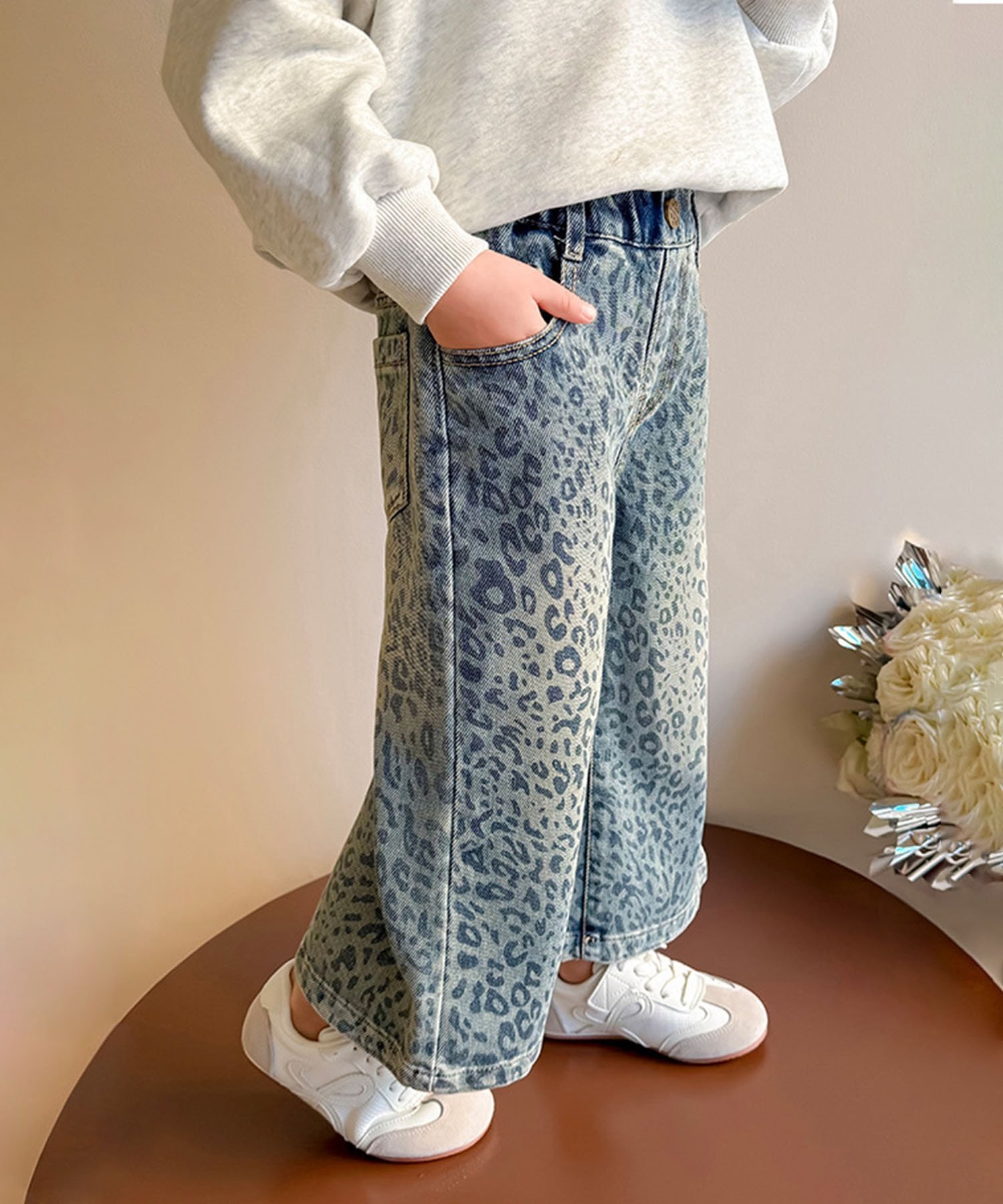 【SALE／25%OFF】aimoha KIDS 【aimoha-KIDS-】キッズ ヒョウ柄ワイドデニムパンツ アイモハ パンツ ジーンズ・デニムパンツ