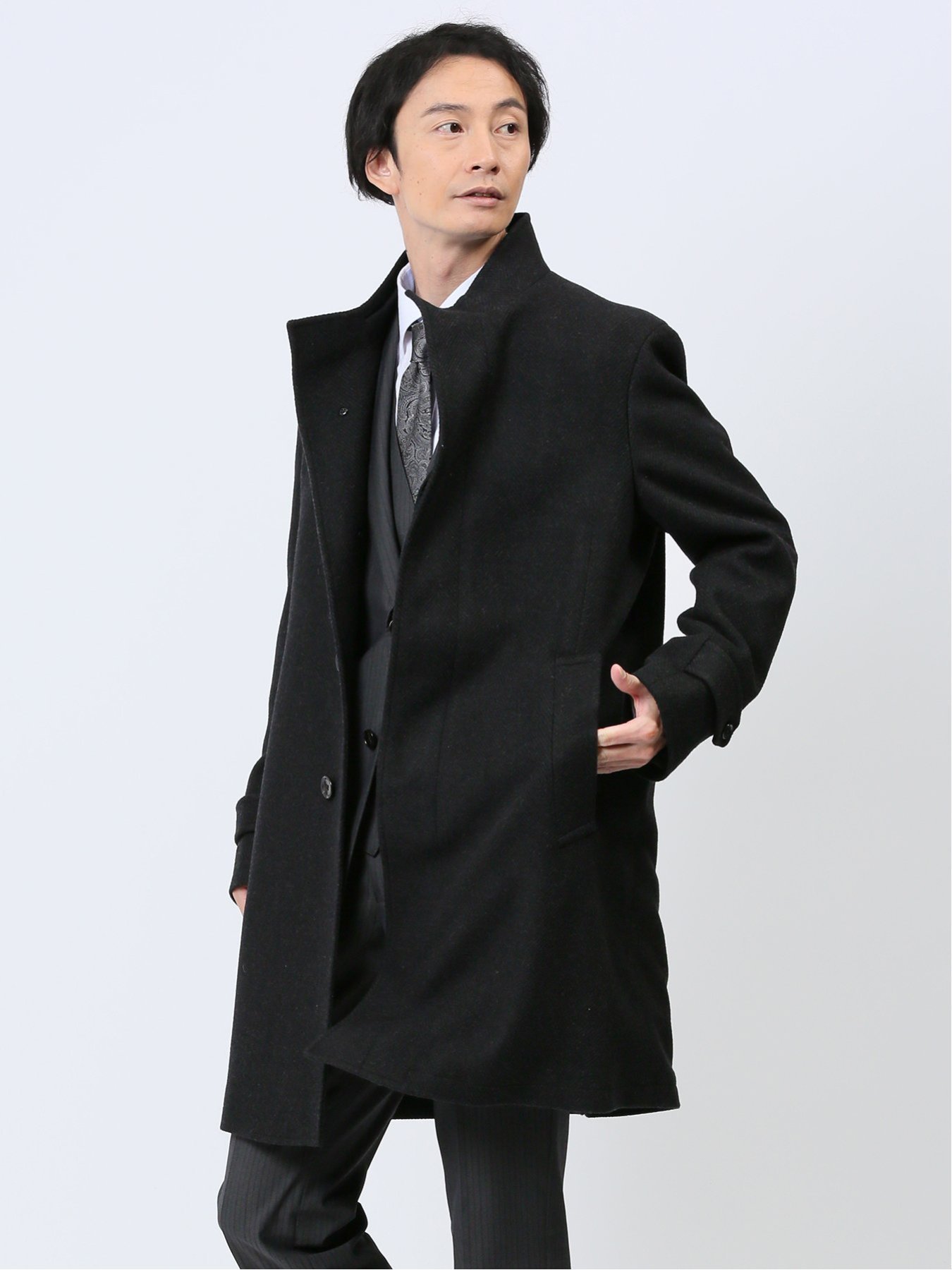 【SALE/50%OFF】TAKA-Q ウール混 スタンドコート カルゼ黒 タカキュー ジャケット・アウター ステンカラーコート ブラック【送料無料】