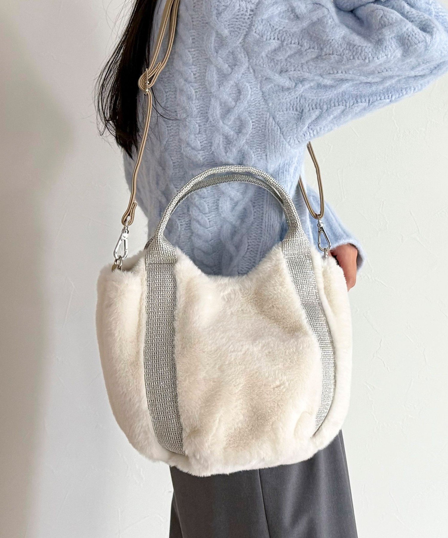 fredy emue ラメテープ2WAYエコファートートバッグ フレディ アンド グロスター バッグ ショルダーバッグ ホワイト ベージュ【送料無料】(4)