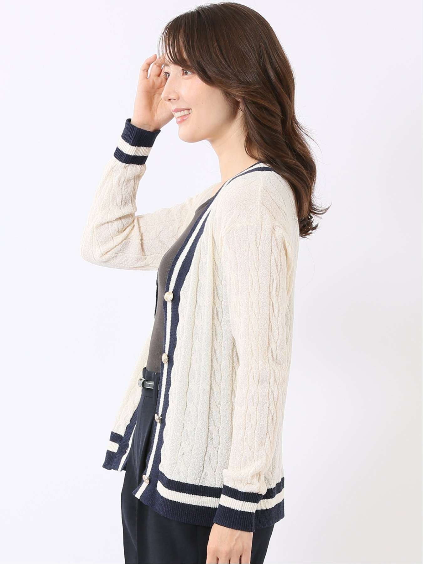 【SALE／10%OFF】m.f.editorial ハンドウォッシャブル 配色 ケーブル ニット カーディガン タカキュー トップス カーディガン ホワイト【送料無料】
