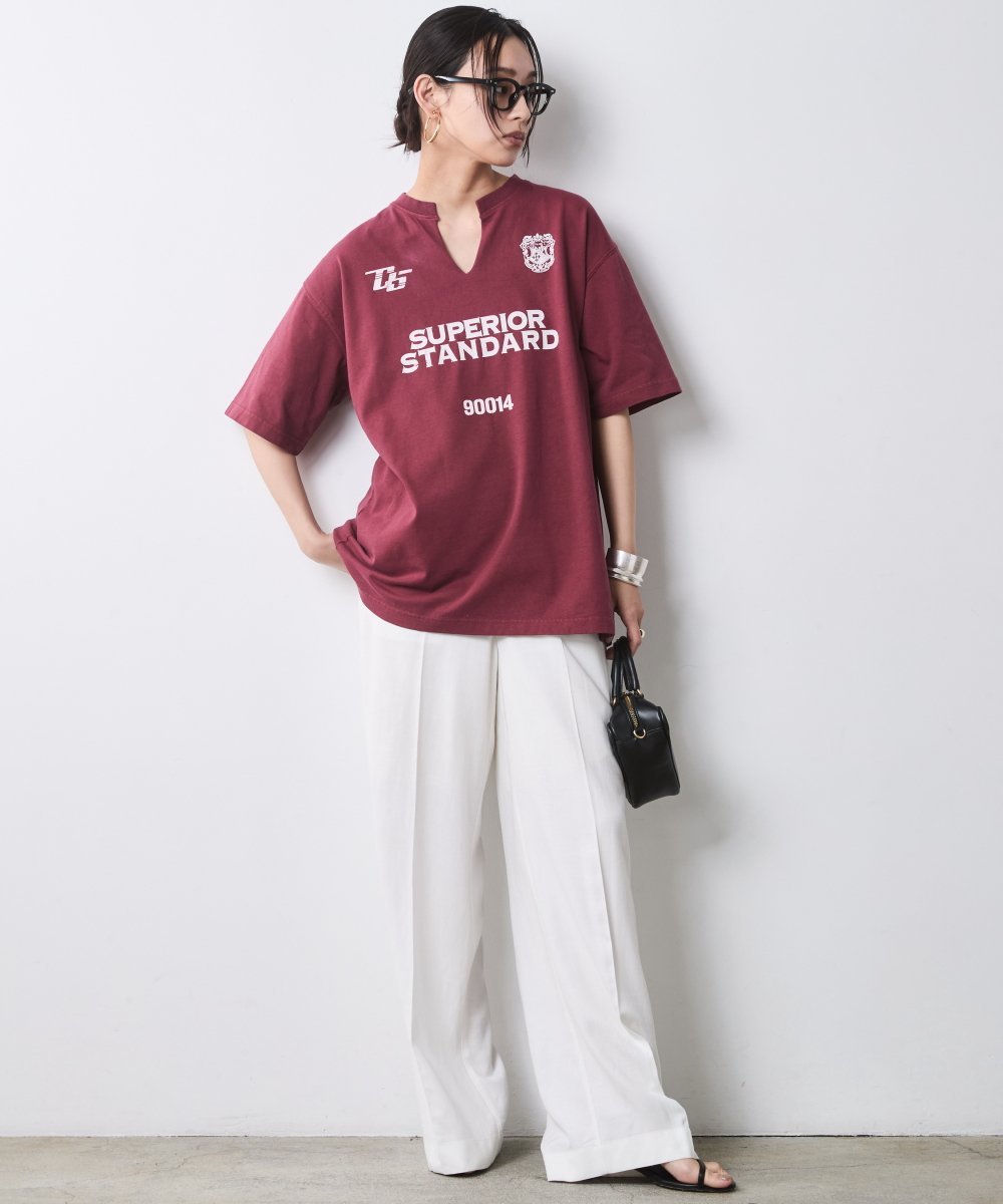 CHIC STYLE 綿100%スリットネックプリントTシャツ＜大きいサイズ有＞シックスタイル シックスタイル トップス カットソー・Tシャツ ワインレッド【送料無料】