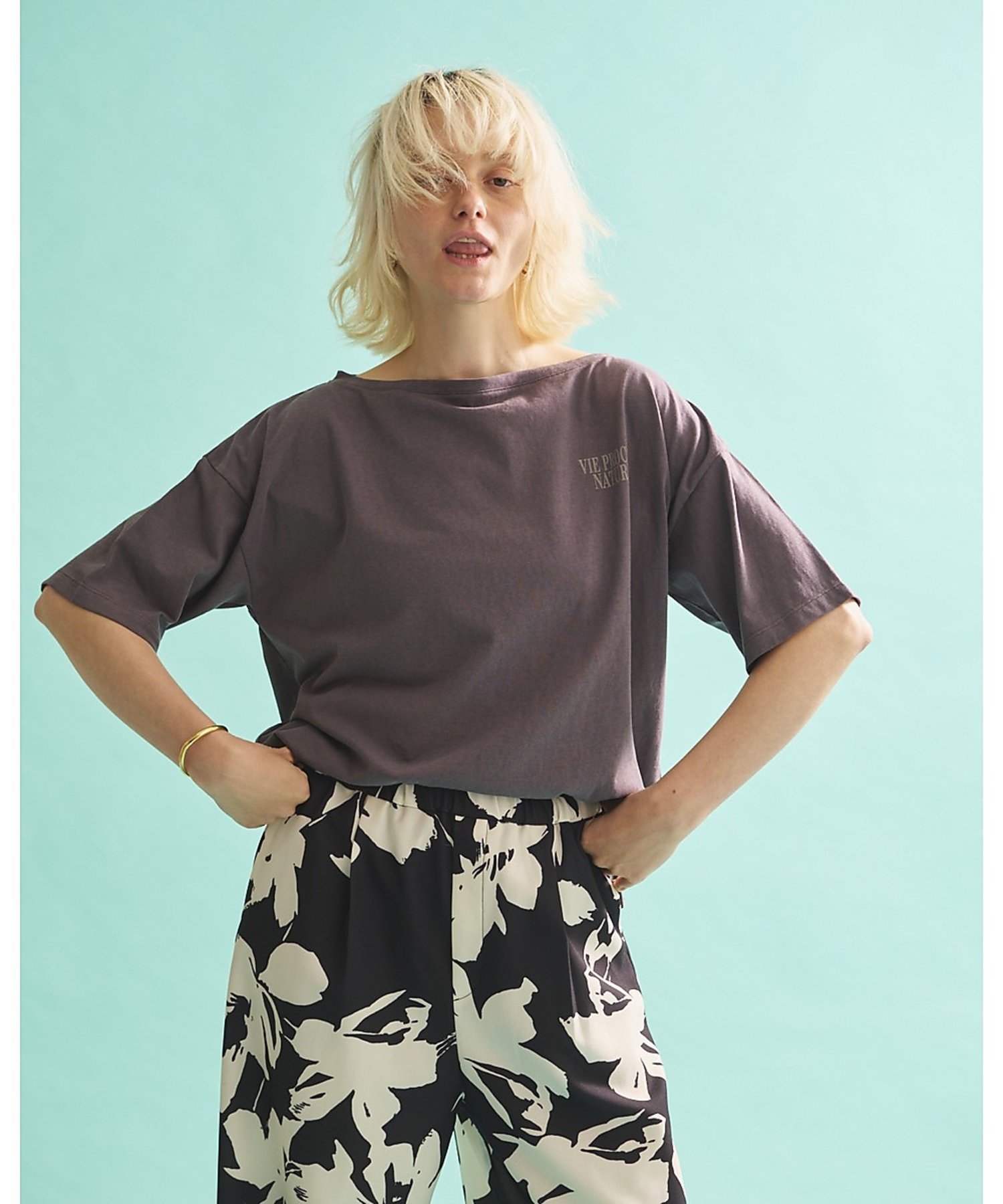 Rouge vif la cle ボートネックロゴTシャツ ルージュ・ヴィフ ラクレ トップス カットソー・Tシャツ グレー