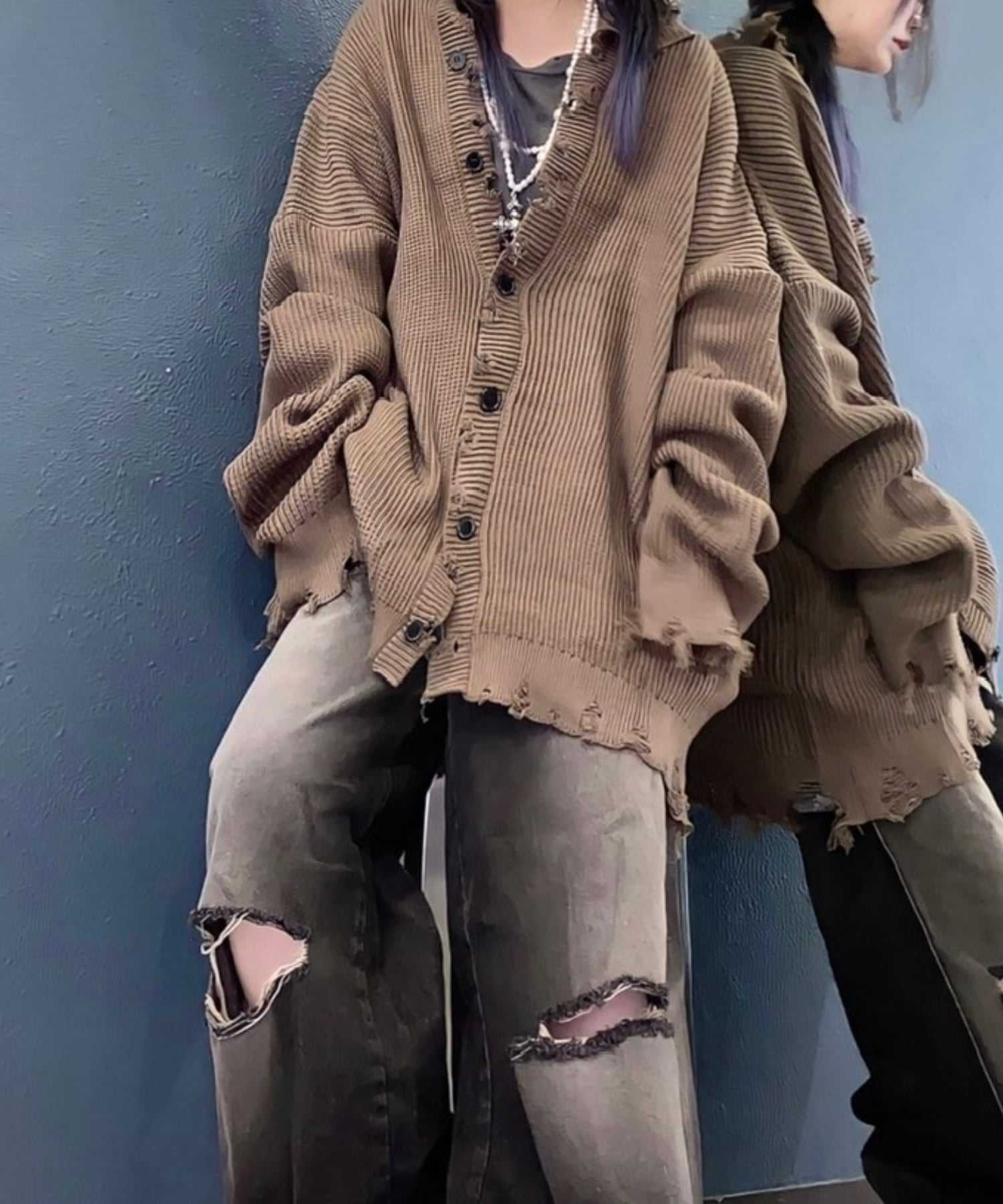 XU 【XU】damage knit cardigan オーバーサイズ ニット ダメージニット カーディガン ネバーマインドザエックスユー／チカシツプラス トップス カーディガン ブラック ブラウン