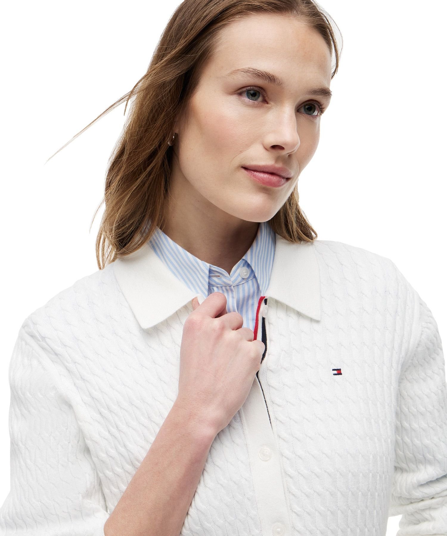 TOMMY HILFIGER ファインゲージケーブルロングスリーブカーディガン 26SS トミーヒルフィガー トップス ニット ネイビー ホワイト【送料無料】