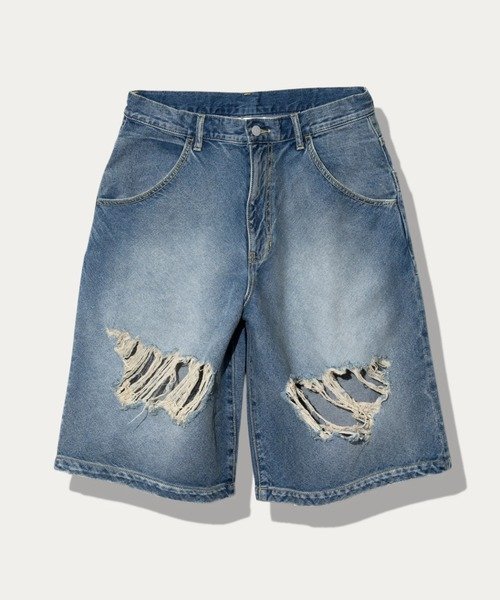 10ozデニムバイアスダメージワイドショーツ (MENS) ゴースローキャラバン パンツ その他のパンツ ブルー ブラック