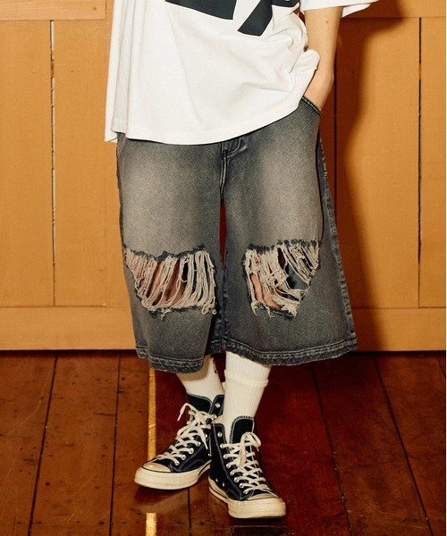 10ozデニムバイアスダメージワイドショーツ (MENS) ゴースローキャラバン パンツ その他のパンツ ブルー ブラック
