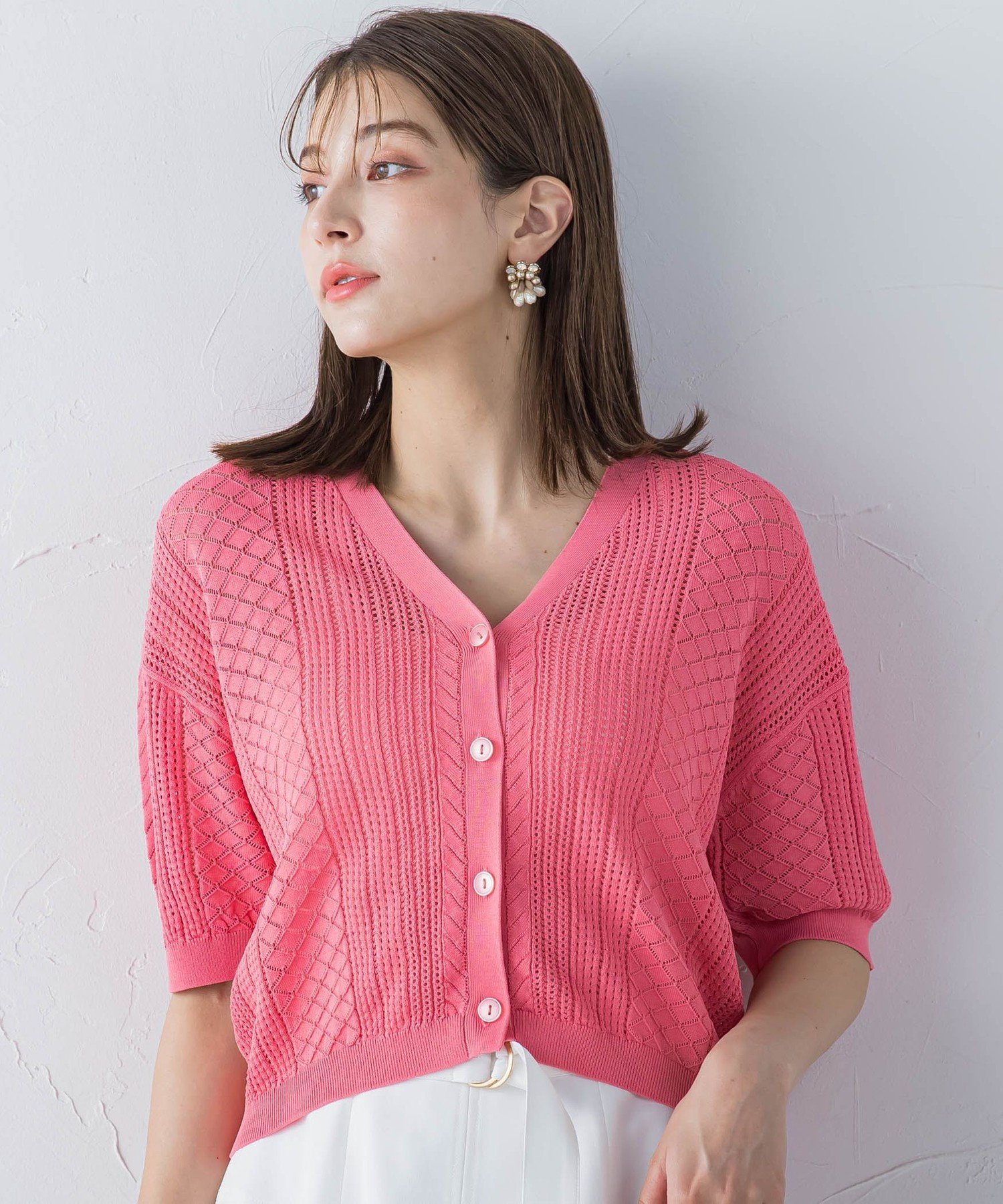 【SALE／30%OFF】ketty 透かし柄編みVネックカーディガン ≪手洗い可能 / セットアップ対応≫ ケティ トップス カーディガン ピンク ホワイト ブラック ブルー ブラウン【送料無料】のサムネイル