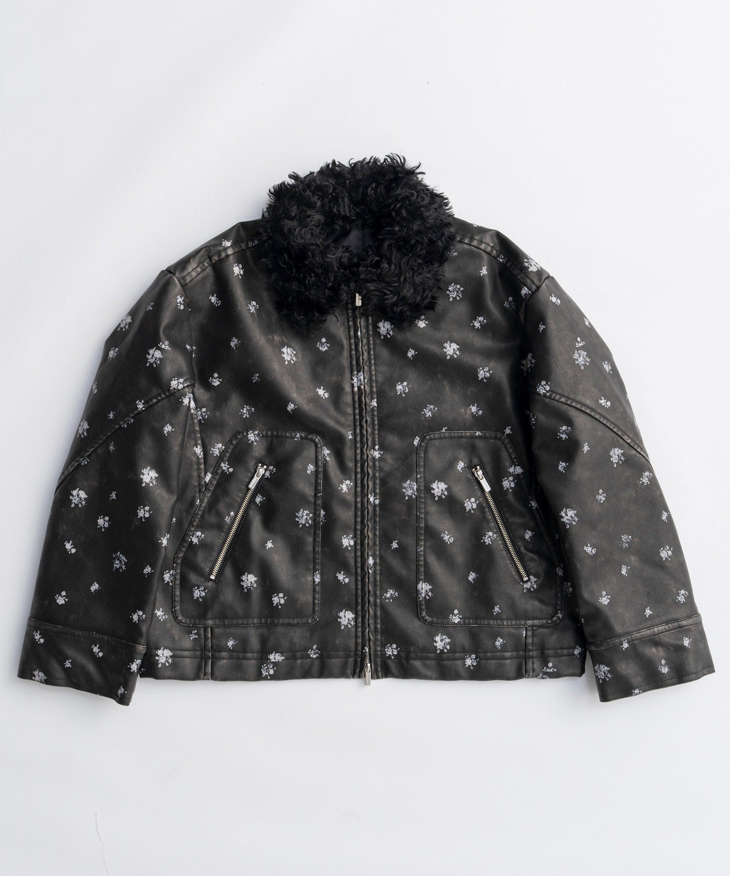 MAISON SPECIAL 2way Collar Small Flower Vegan Leather Blouson メゾンスペシャル ジャケット・アウター ブルゾン・ジャンパー ブラック ブラウン
