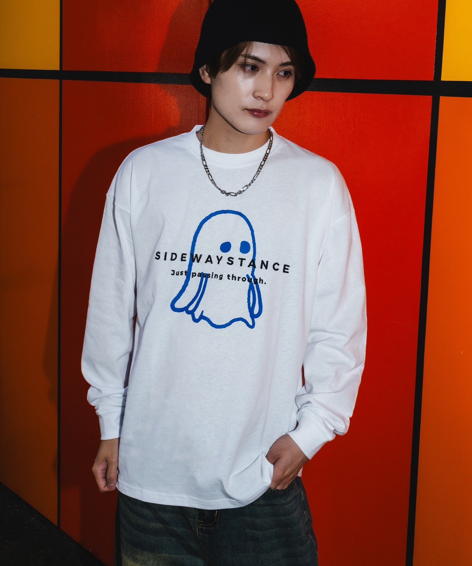 SIDEWAY STANCE SIDEWAY STANCE サイドウェイスタンス おばけイラスト 長袖Tシャツ インプローブス トップス カットソー・Tシャツ ホワイト ブラック【送料無料】