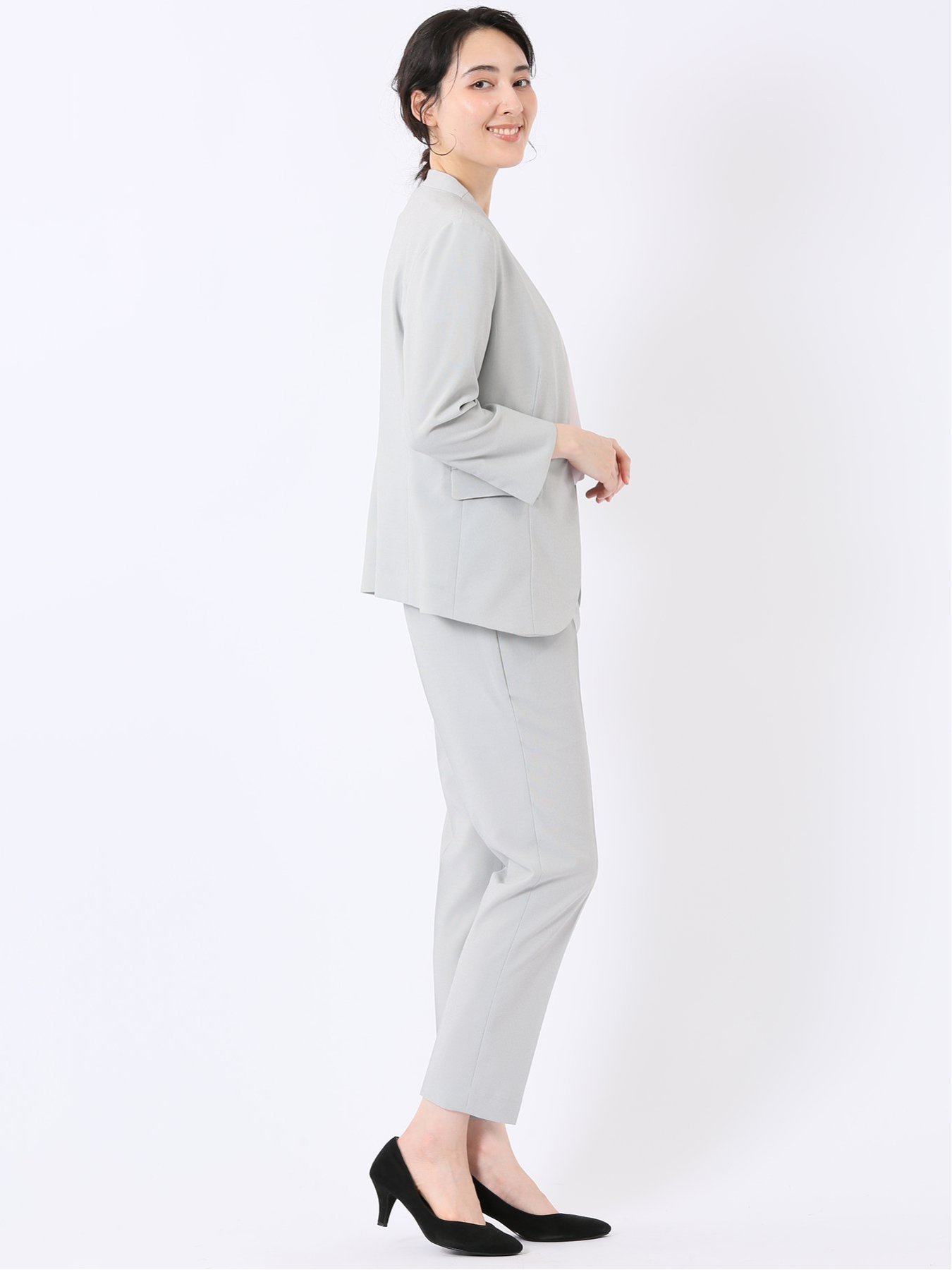 【SALE／10%OFF】m.f.editorial ストレッチ ウォッシャブル カラーレス 7分袖 ジャケット+テーパードパンツ ピンヘッドライトグレー タカキュー スーツ・フォーマル セットアップスーツ グレー【送料無料】