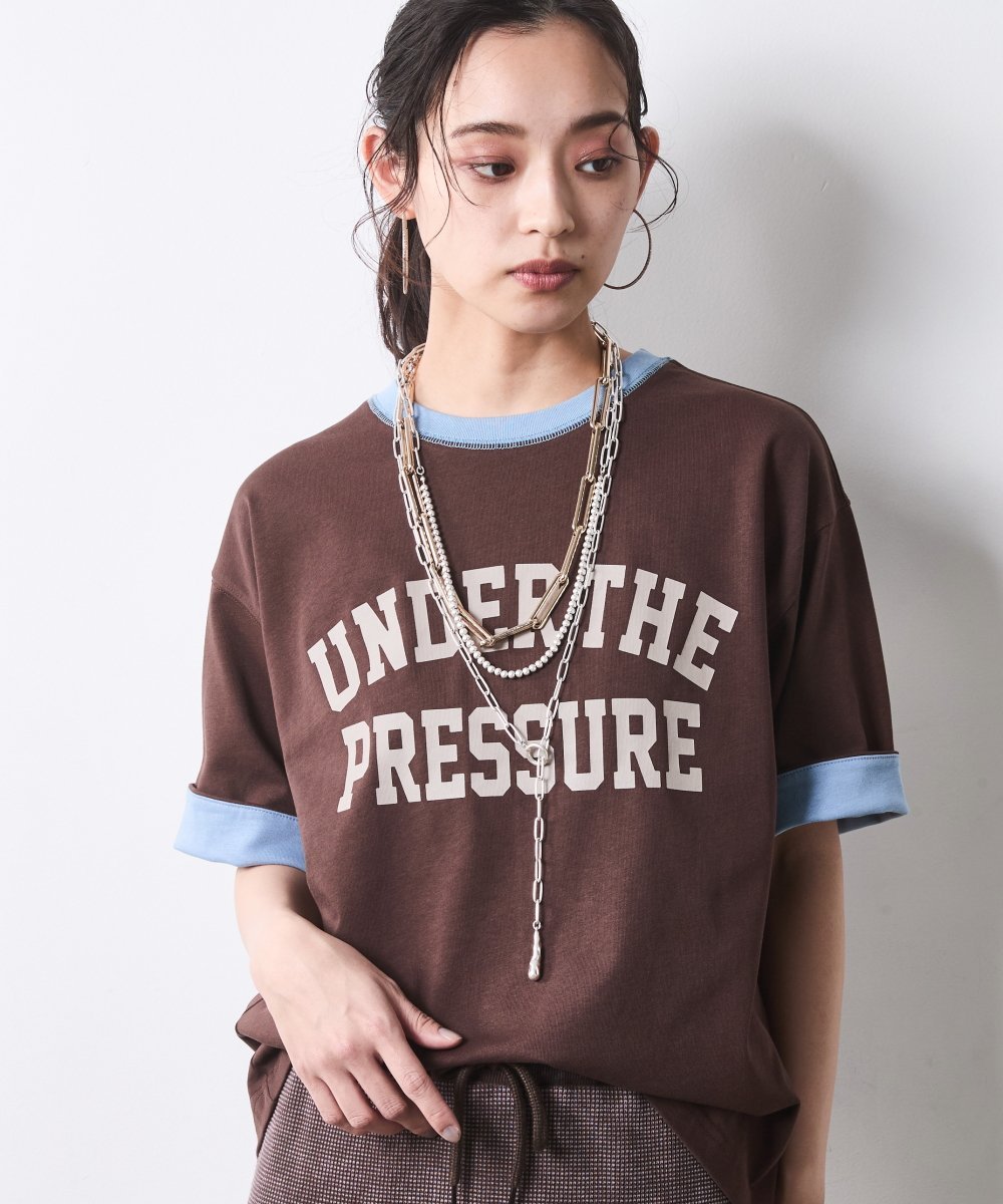CHIC STYLE 綿100%バイカラーロゴプリントTシャツ＜大きいサイズ有＞シックスタイル シックスタイル トップス カットソー・Tシャツ ブラウン【送料無料】