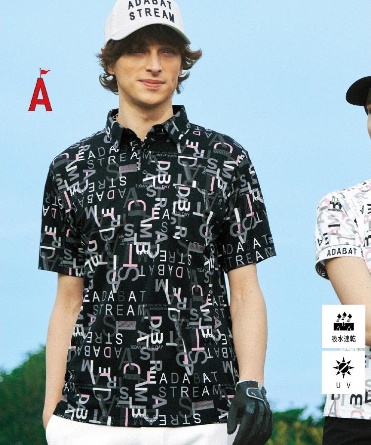 【SALE／30%OFF】ADABAT STREAM UVカット/吸水速乾 タイポグラフィポロシャツ アダバット トップス ポロシャツ ホワイト ブラック【送料無料】