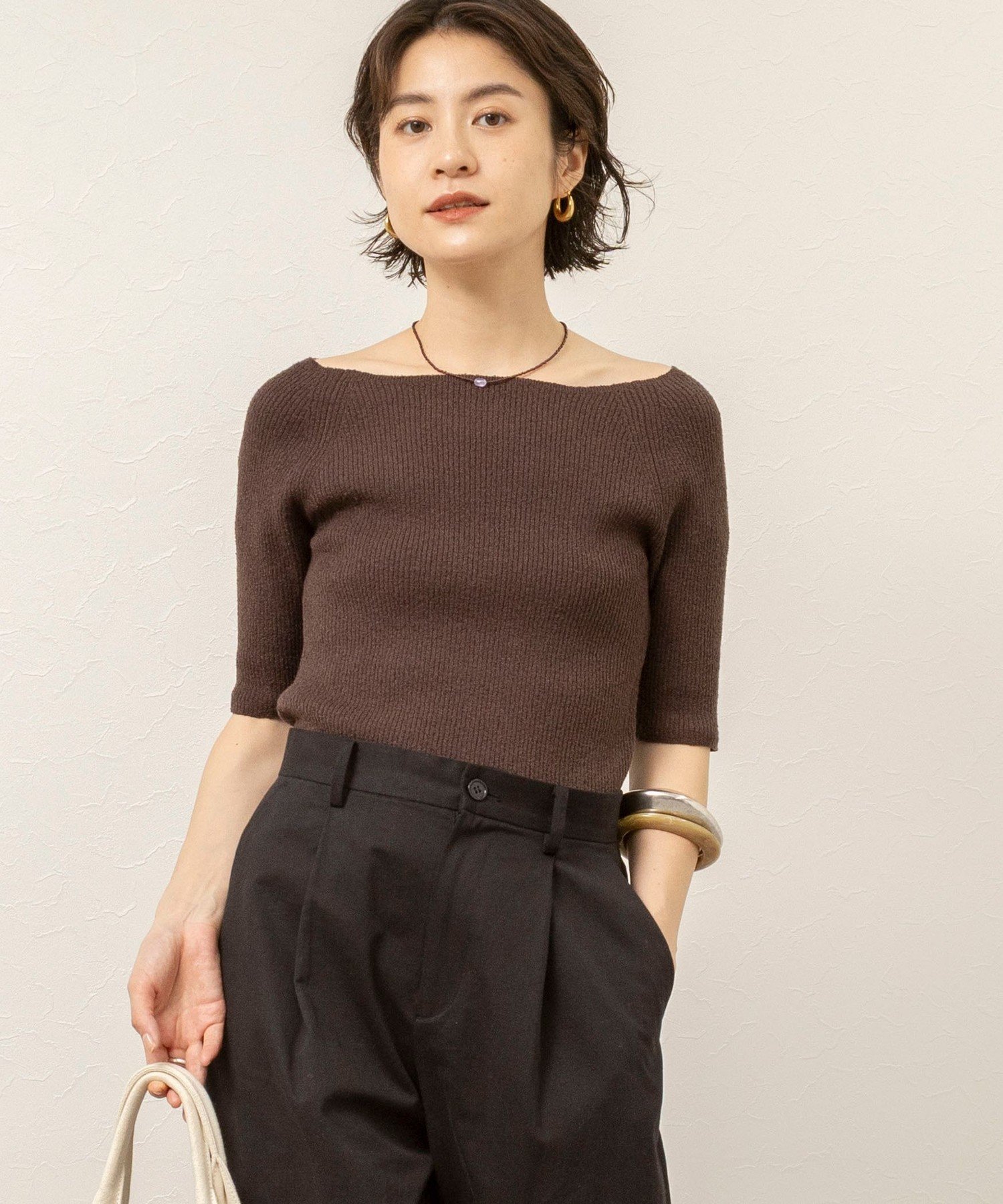 MAQWEL 《手洗い可能》ブークレ5分袖ニット ノーリーズ トップス ニット レッド ベージュ【送料無料】