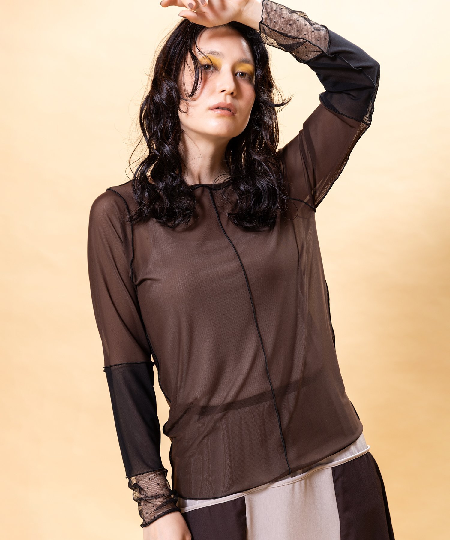 OSMOSIS ドットメッシュ切替メロー長袖Tシャツ オズモーシス トップス カットソー・Tシャツ グレー ブラック ブラウン