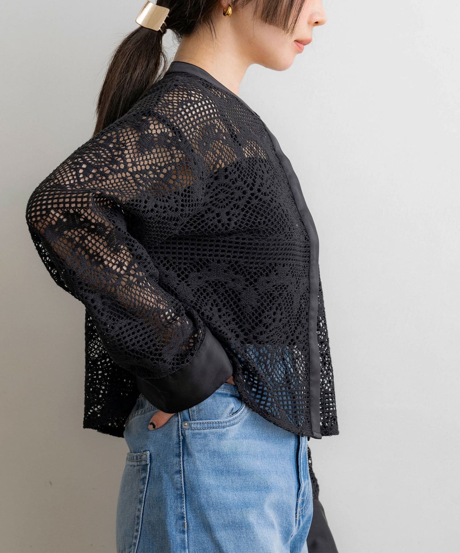 【SALE／40%OFF】NOAHL クロシェ編みクロップドシャツ ノアル トップス シャツ・ブラウス ブラック ホワイト【送料無料】