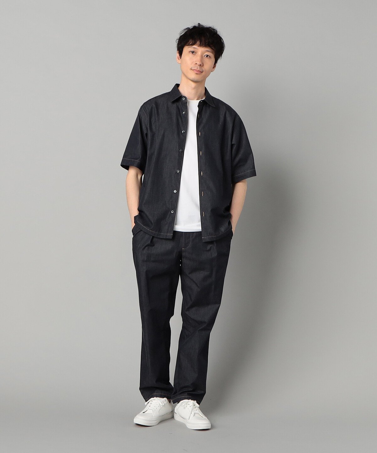 岡山織り超長綿高密度デニム レギュラーカラー半袖シャツ コムサメン トップス シャツ・ブラウス ネイビー ブラック