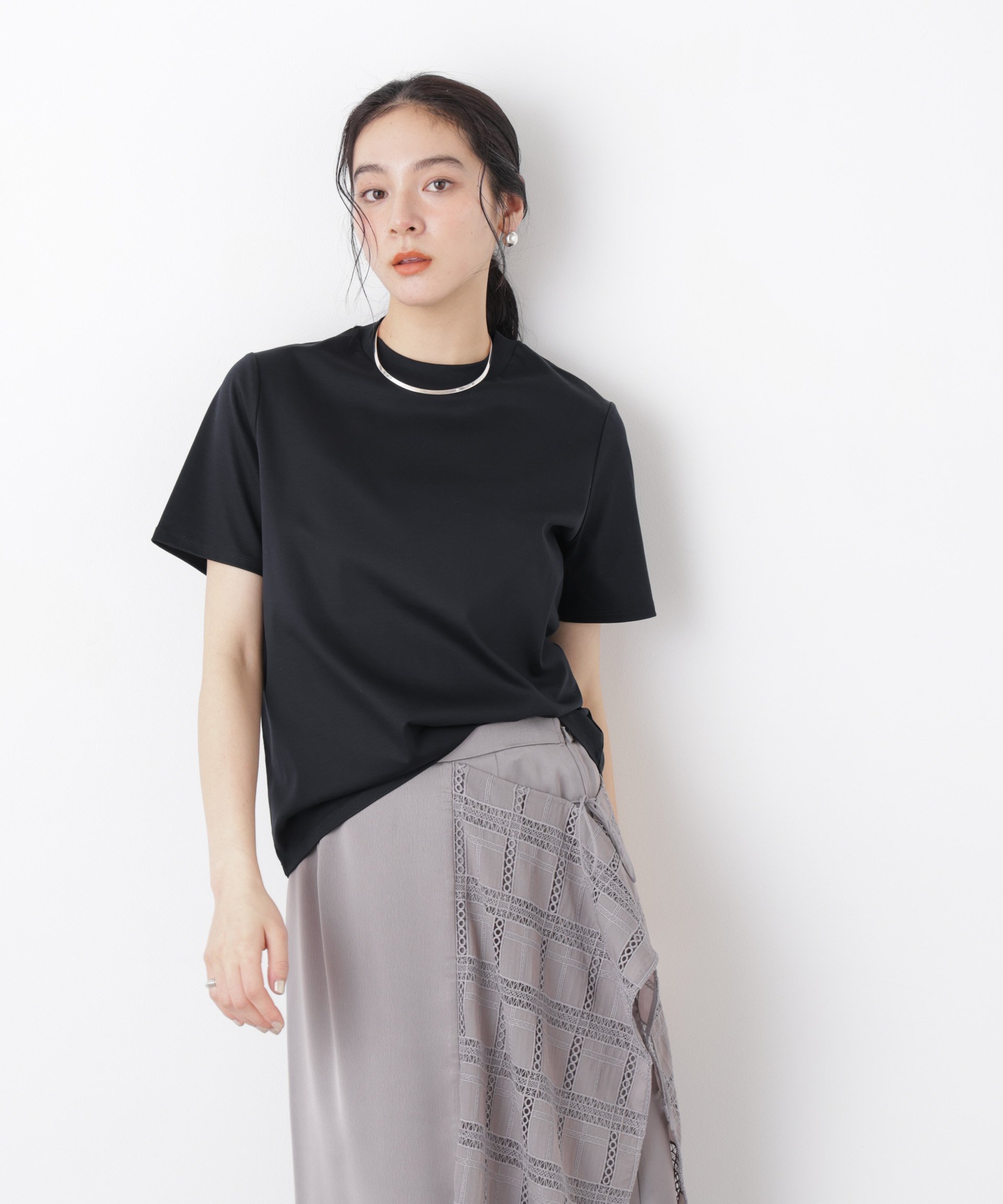 NANO universe DressT/シルケットスムースモックネックTシャツ ナノユニバース トップス カットソー・Tシャツ ホワイト ブラック グレー
