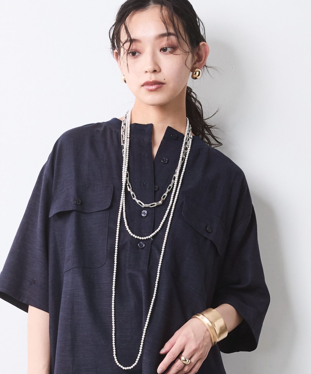 CHIC STYLE レーヨン麻衿リブハーフスリーブブラウス＜大きいサイズ有＞シックスタイル シックスタイル トップス シャツ・ブラウス ブラウン ネイビー ホワイト【送料無料】