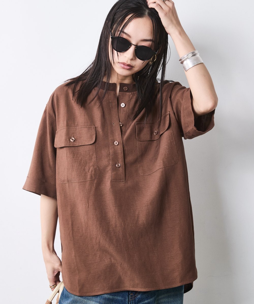 CHIC STYLE レーヨン麻衿リブハーフスリーブブラウス＜大きいサイズ有＞シックスタイル シックスタイル トップス シャツ・ブラウス ブラウン ネイビー ホワイト【送料無料】