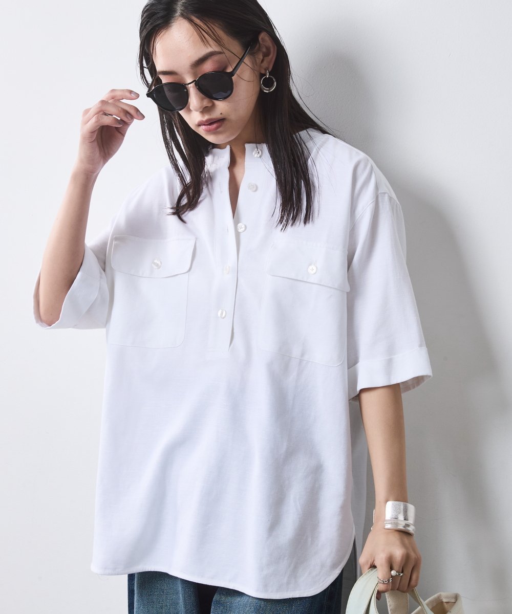 CHIC STYLE レーヨン麻衿リブハーフスリーブブラウス＜大きいサイズ有＞シックスタイル シックスタイル トップス シャツ・ブラウス ブラウン ネイビー ホワイト【送料無料】