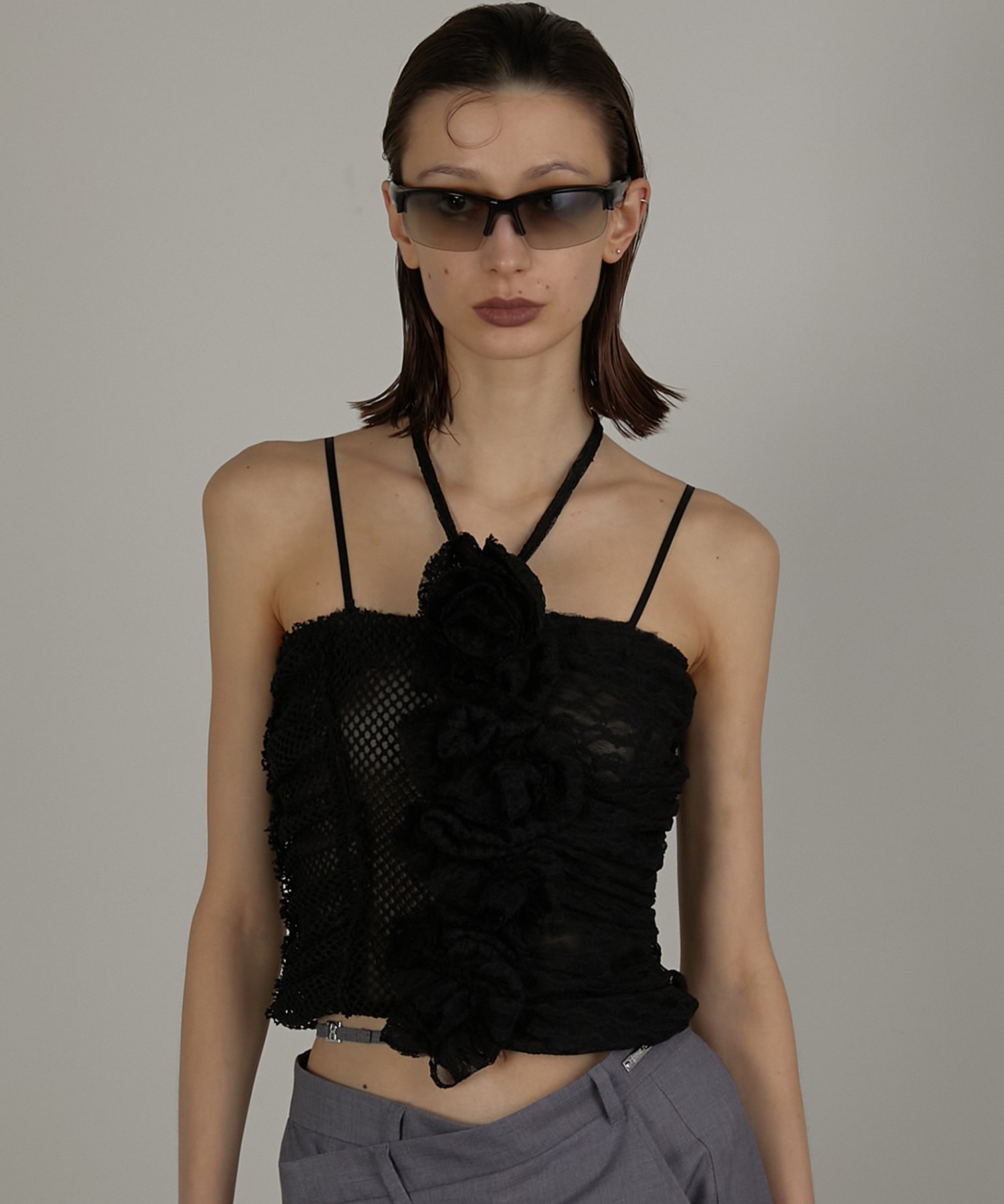 PRANK PROJECT メッシュレースローズチューブトップ / Mesh Lace Rose Tube Top プランク プロジェクト トップス ベアトップ ブラック【送料無料】